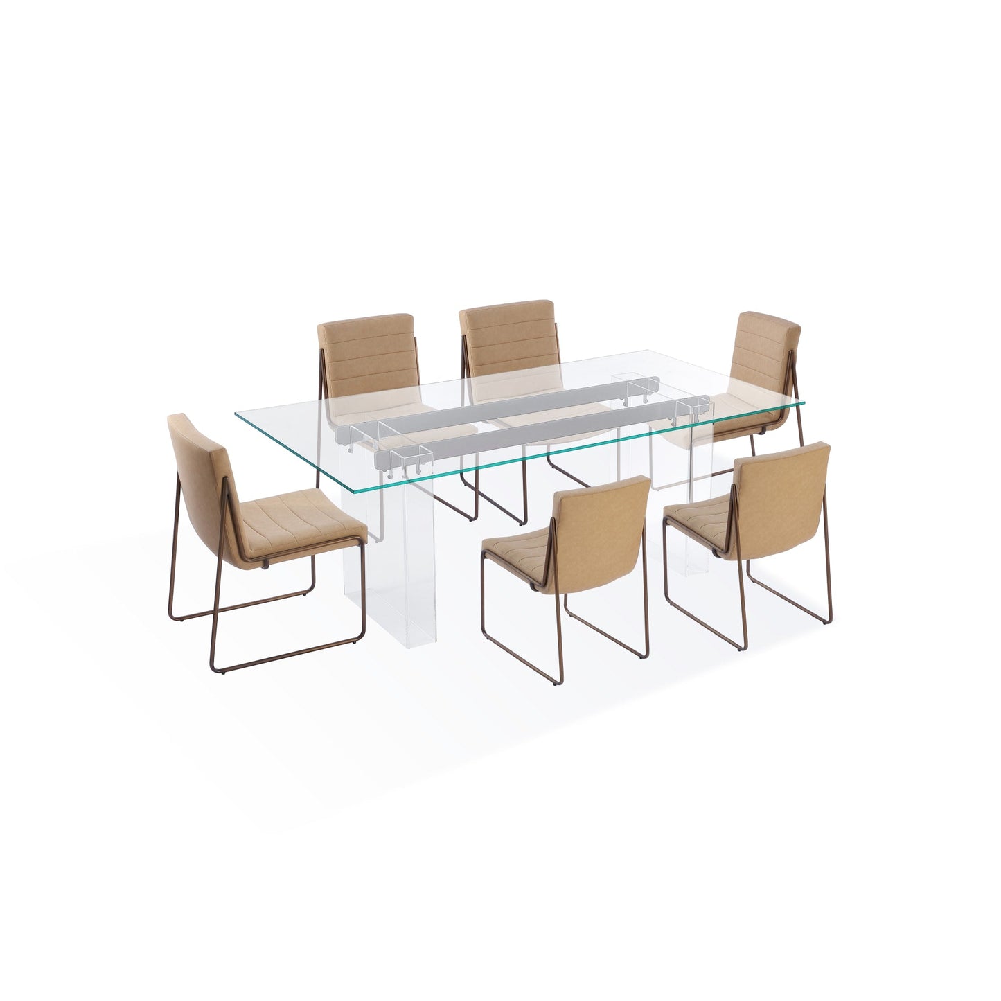 Modus Moorea Double Pedestal Rectangular Dining Table in Clear Acrylic, Glass and Bronze Metal