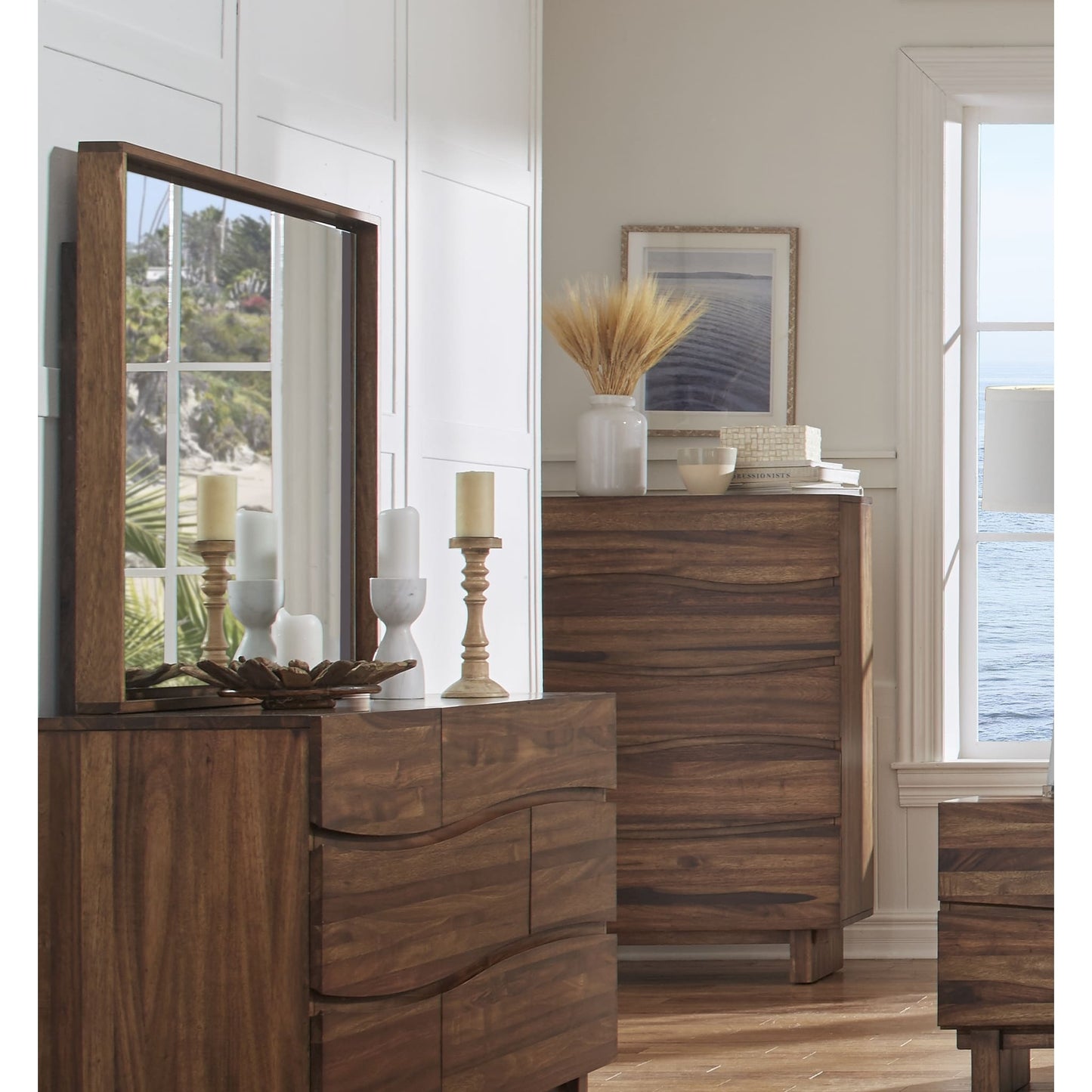 Modus Ocean Solid Wood Floating Glass Mirror in Natural Sengon