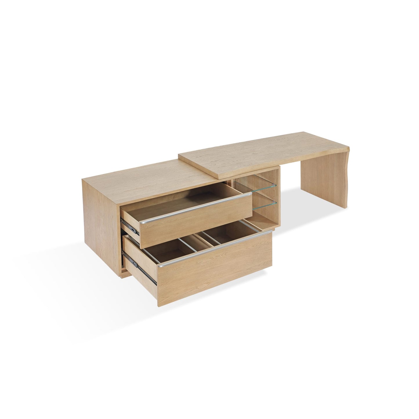Modus One Live Edge Edge Executive Desk in White Oak and Glass