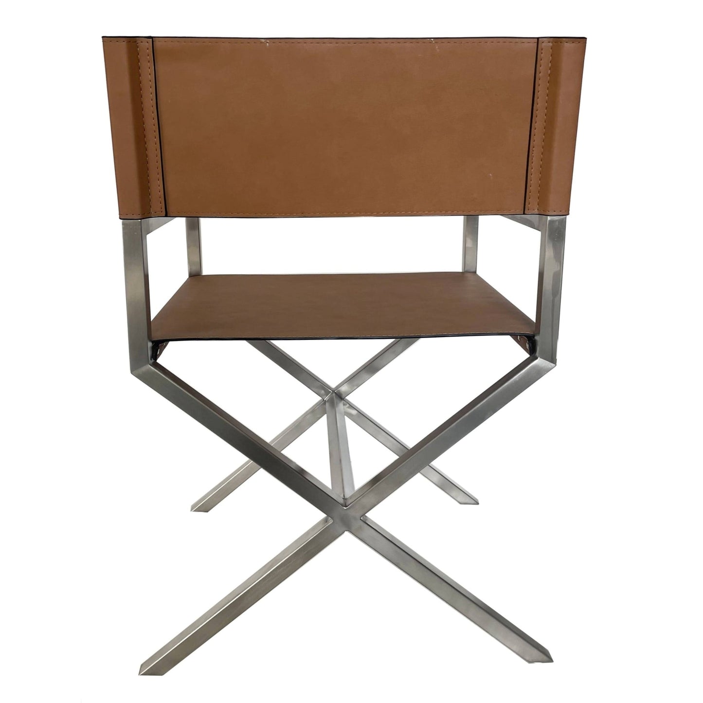 Modus One Modern Coastal Director's Dining Arm Chair in Cognac and Brushed Stainless Steel