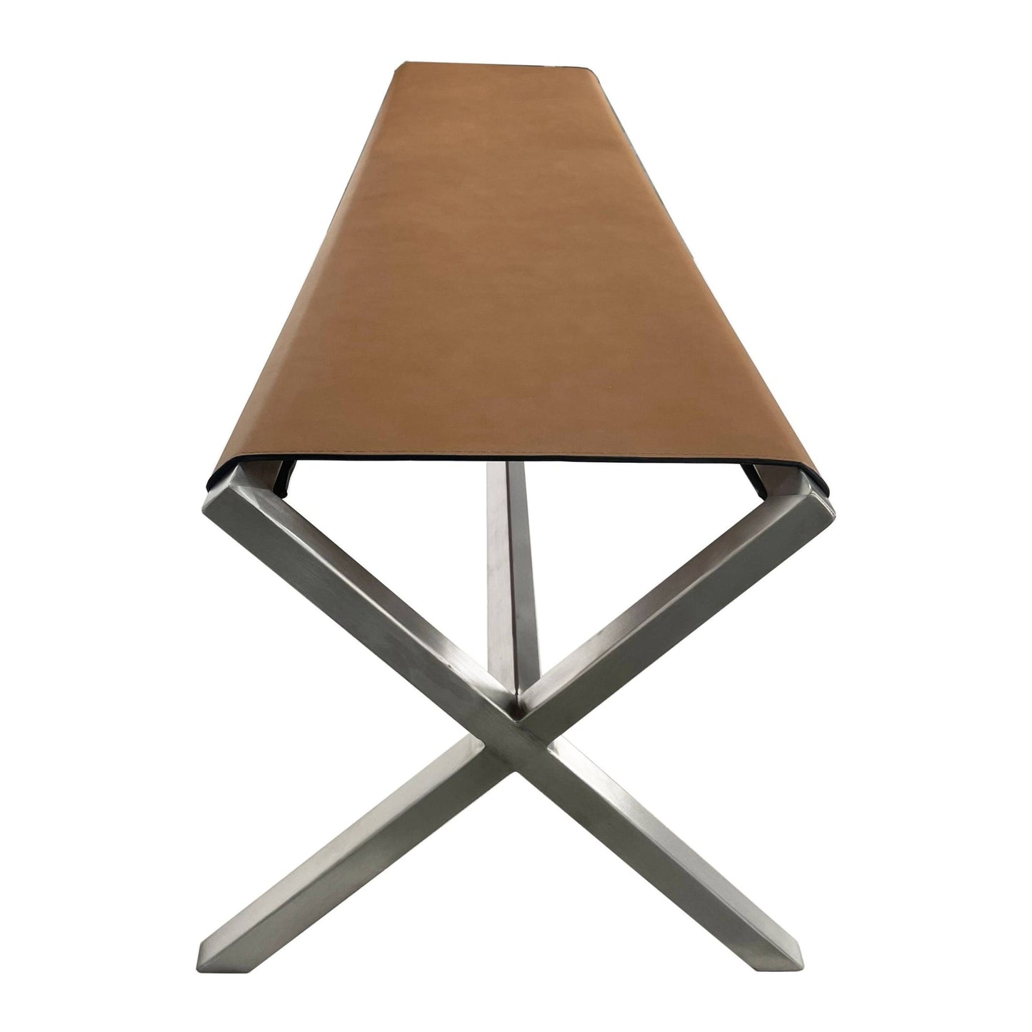 Modus One Modern Coastal Director's Style Leather Dining Bench in Cognac and Brushed Stainless Steel
