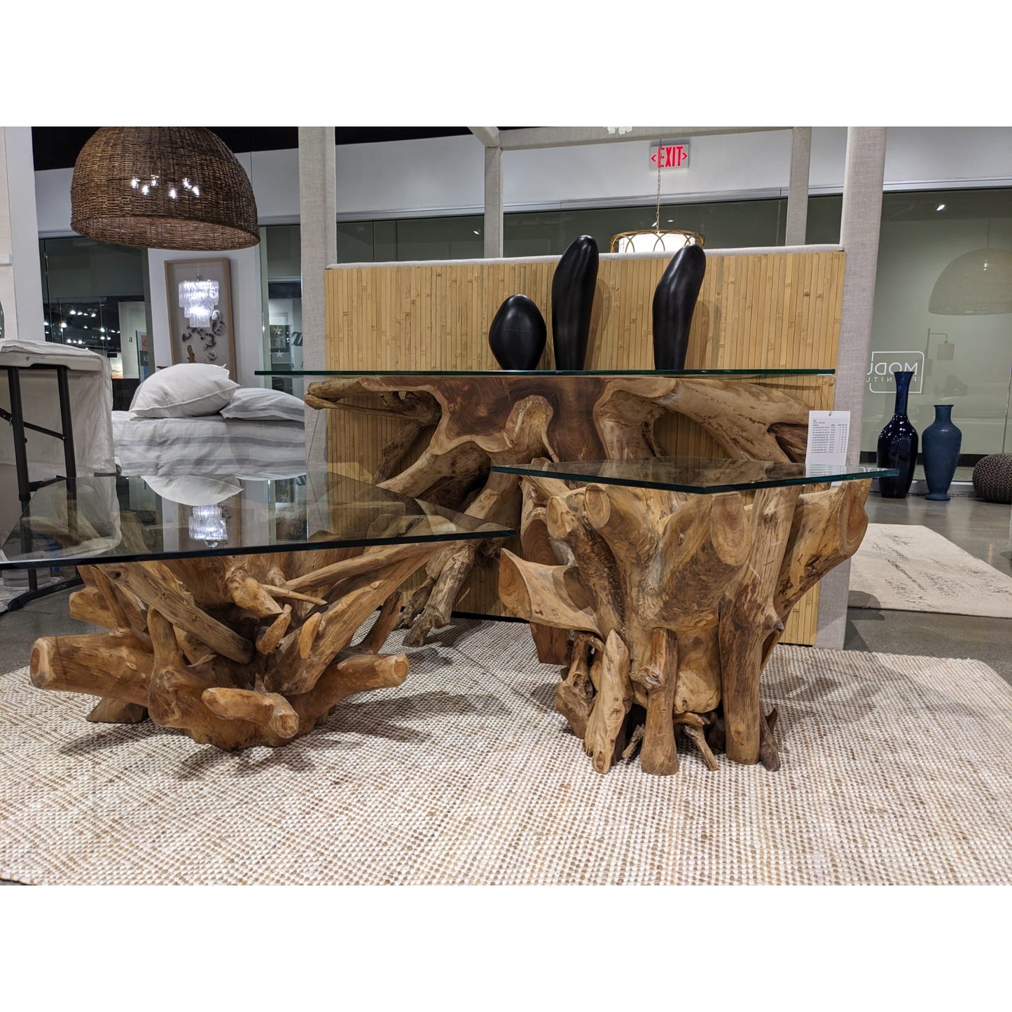 Modus One Solid Teak Root Glass Top Console Table