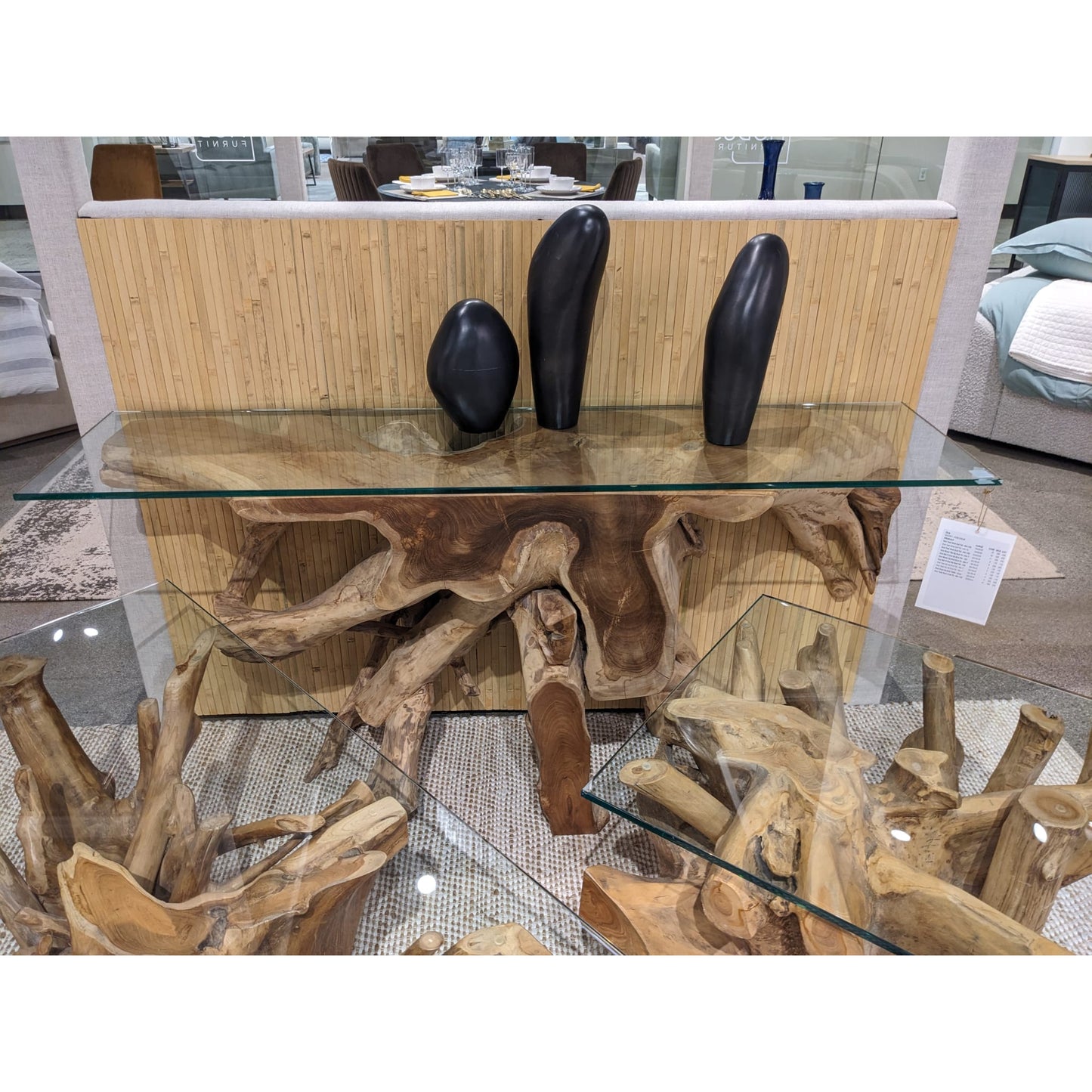 Modus One Solid Teak Root Glass Top Console Table