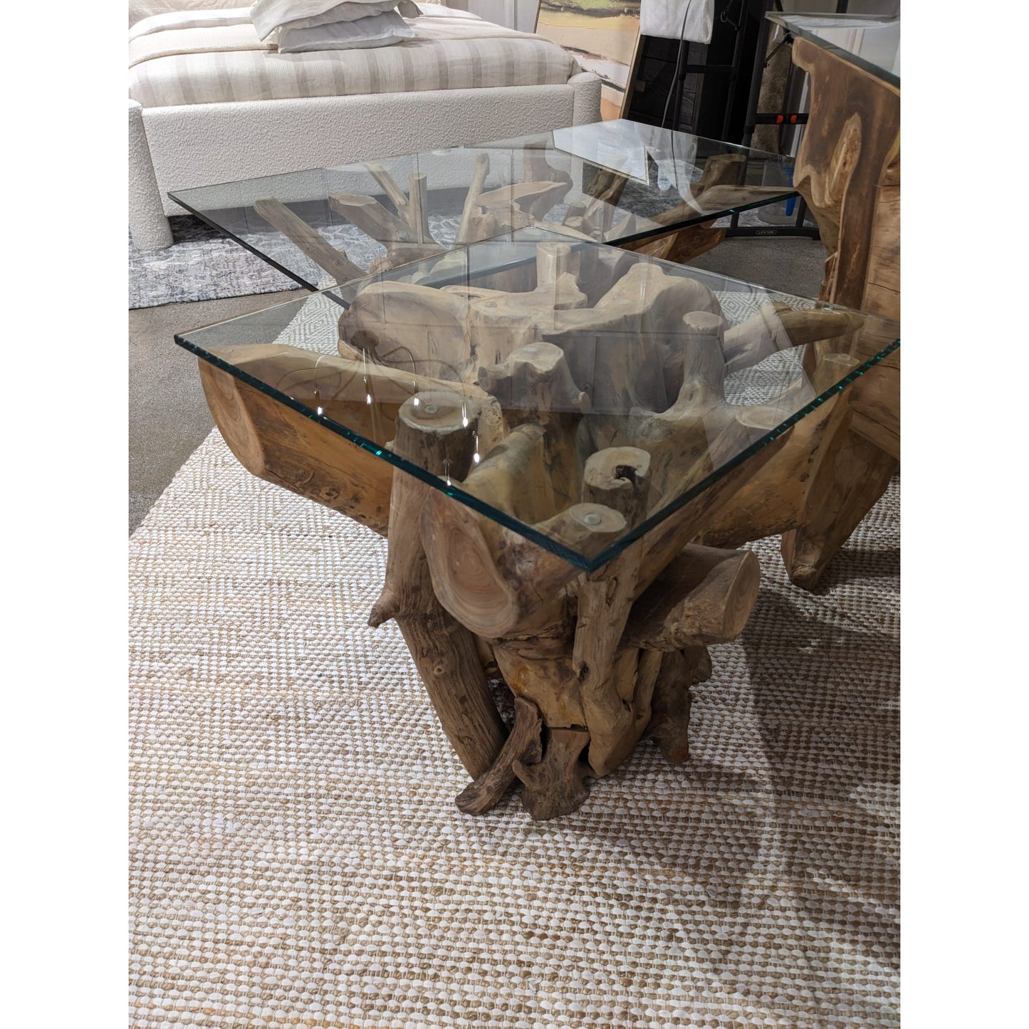 Modus One Solid Teak Root Glass Top End Table