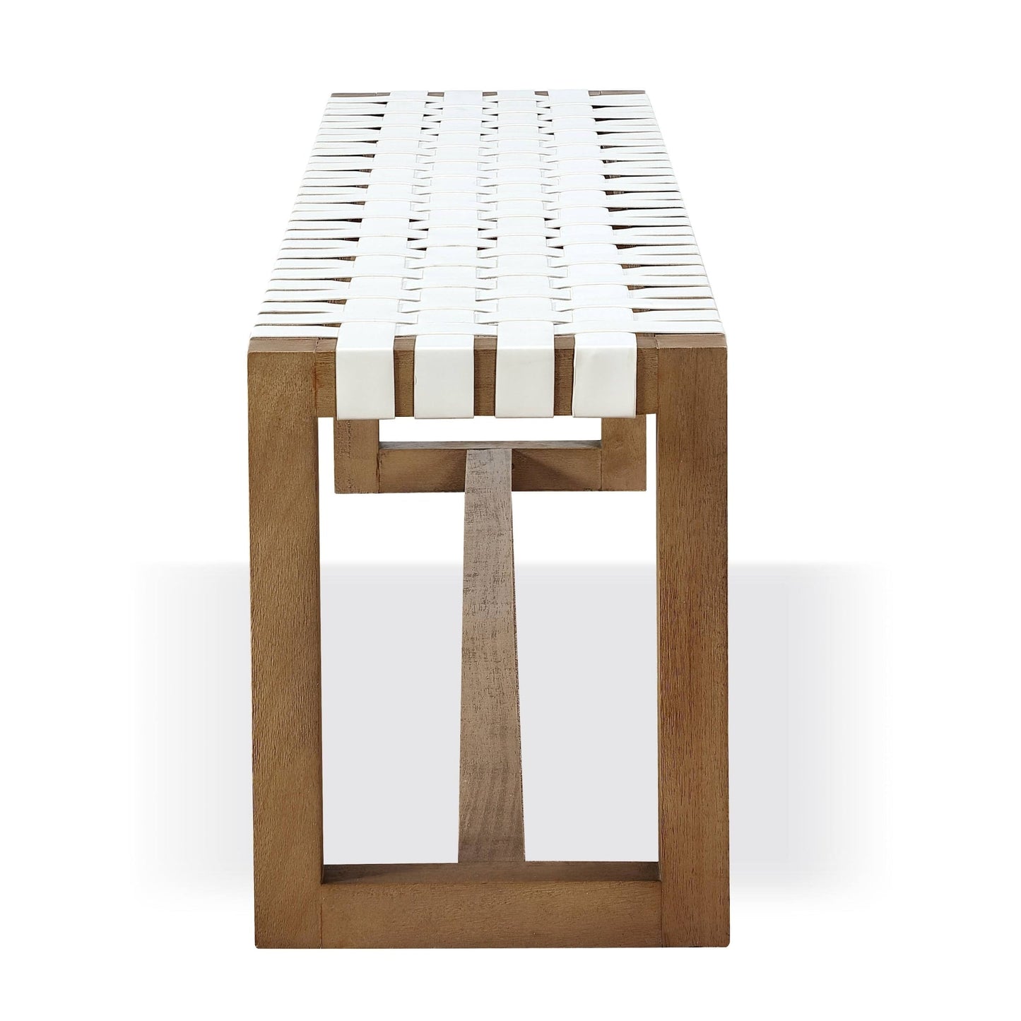 Modus One Woven Leather and Solid Wood Dining Bench in White and Bisque