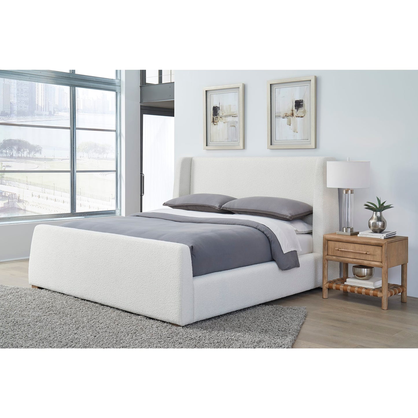 Modus Presley Upholstered Wingback Platform Bed in Cottage Cheese Boucle