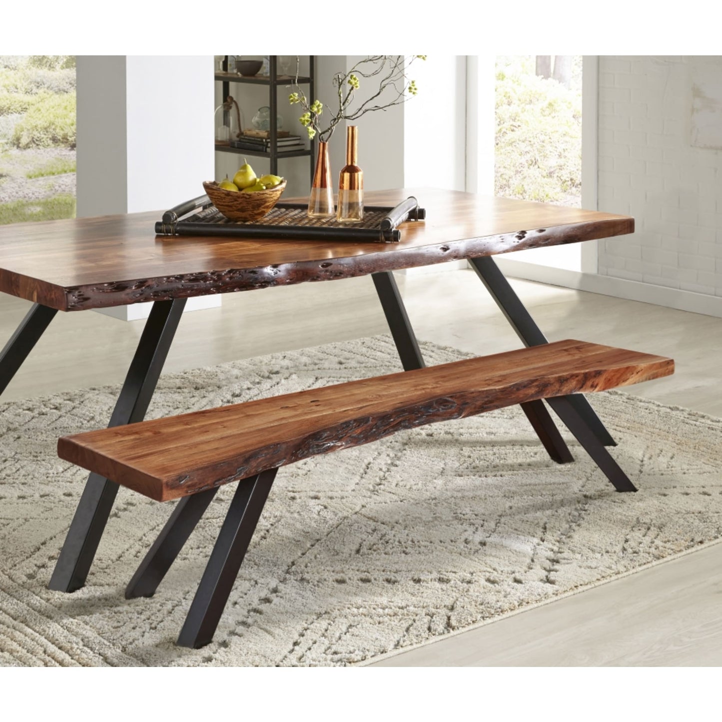 Modus Reese Live Edge Solid Wood Metal Leg Dining Bench in Natural Acacia