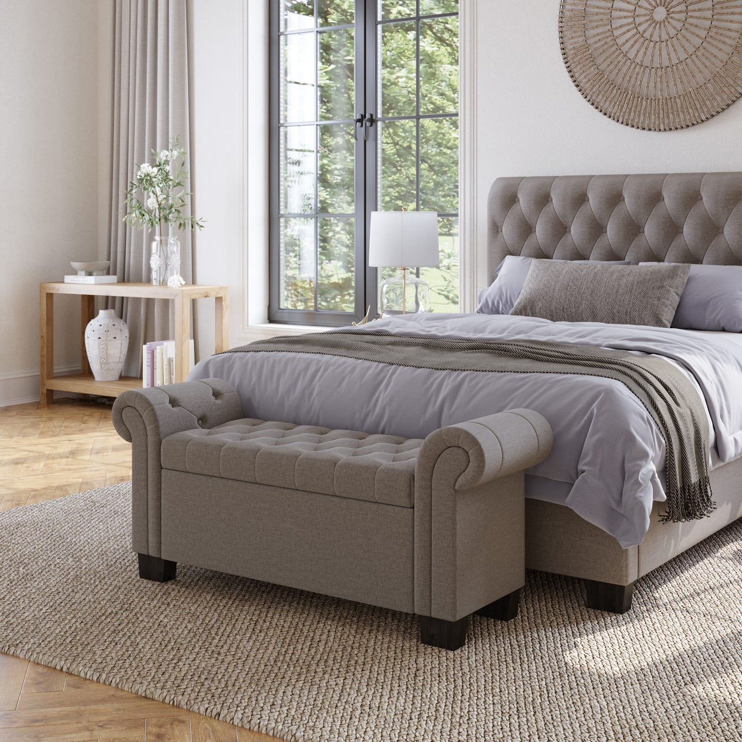 Modus Royal Rolled Arm Storage Bench in Dolphin Linen