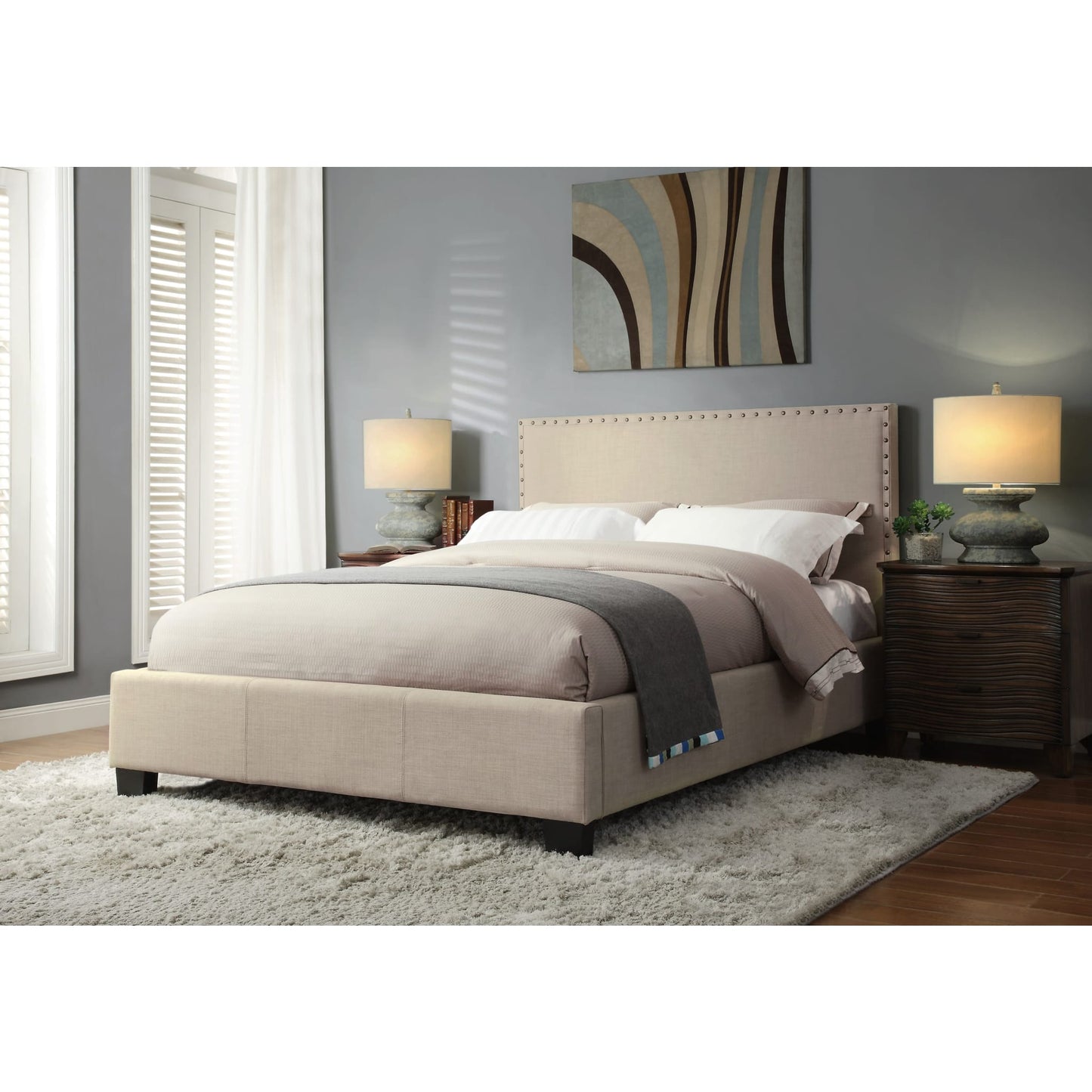 Modus Tavel Nailhead Upholstered Platform Bed in Toast Linen