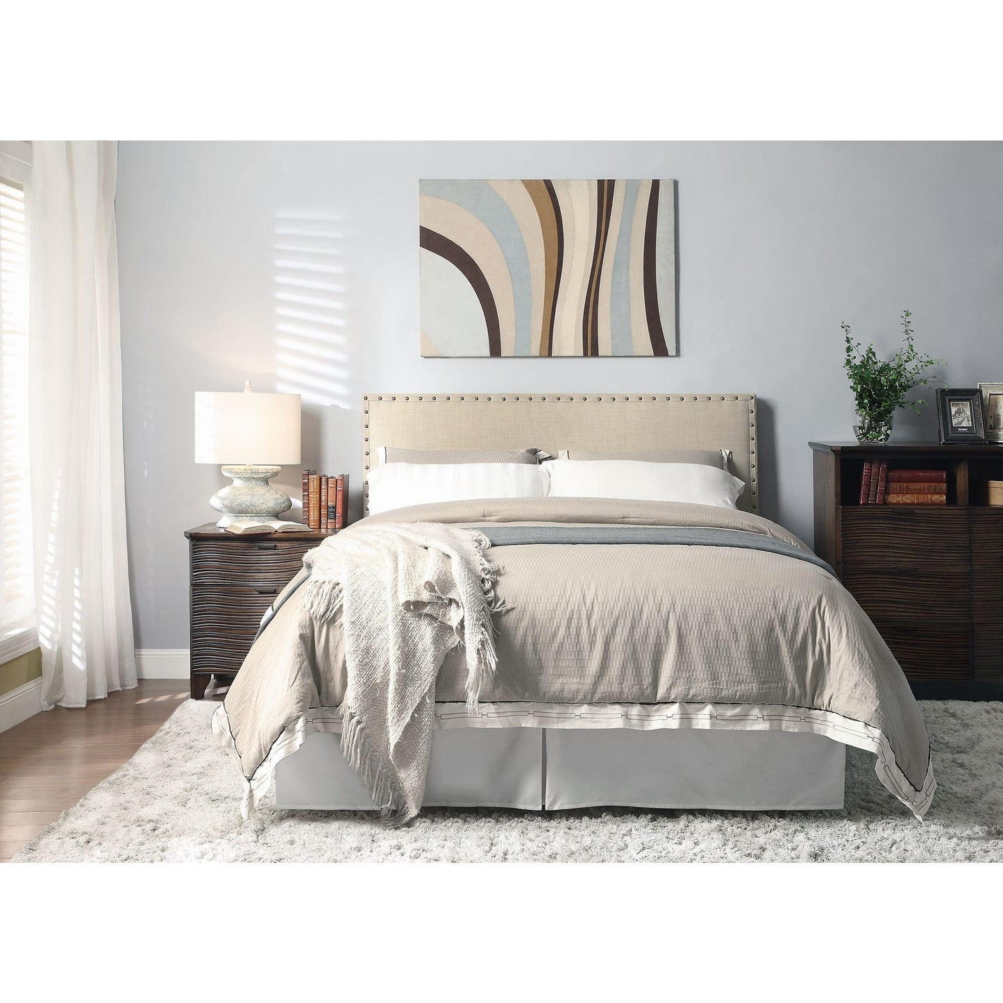 Modus Tavel Nailhead Upholstered Platform Bed in Toast Linen