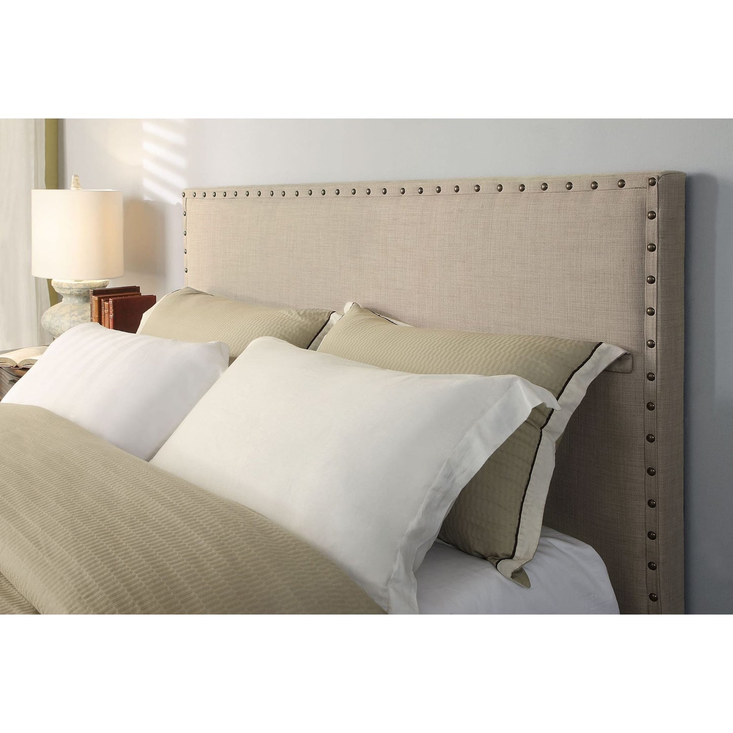 Modus Tavel Nailhead Upholstered Platform Bed in Toast Linen