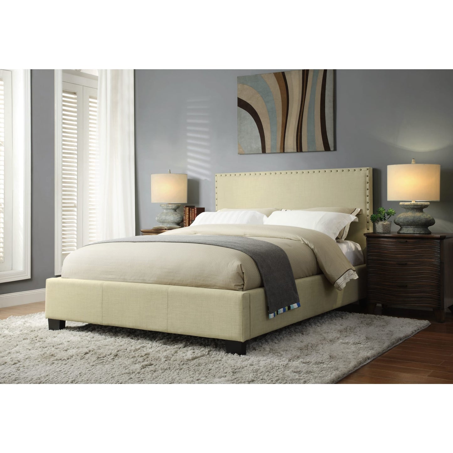 Modus Tavel Nailhead Upholstered Platform Bed in Tumbleweed