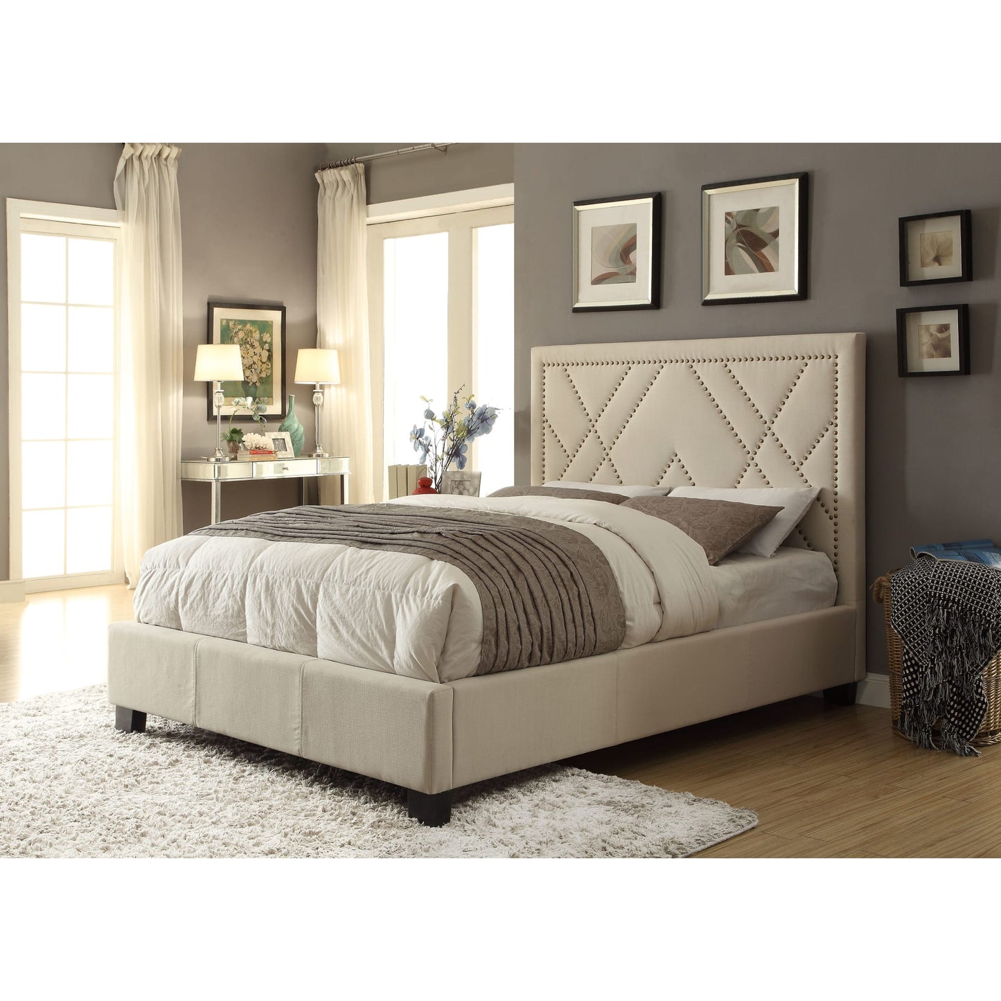 Modus Vienne Nailhead Upholstered Platform Storage Bed in Powder