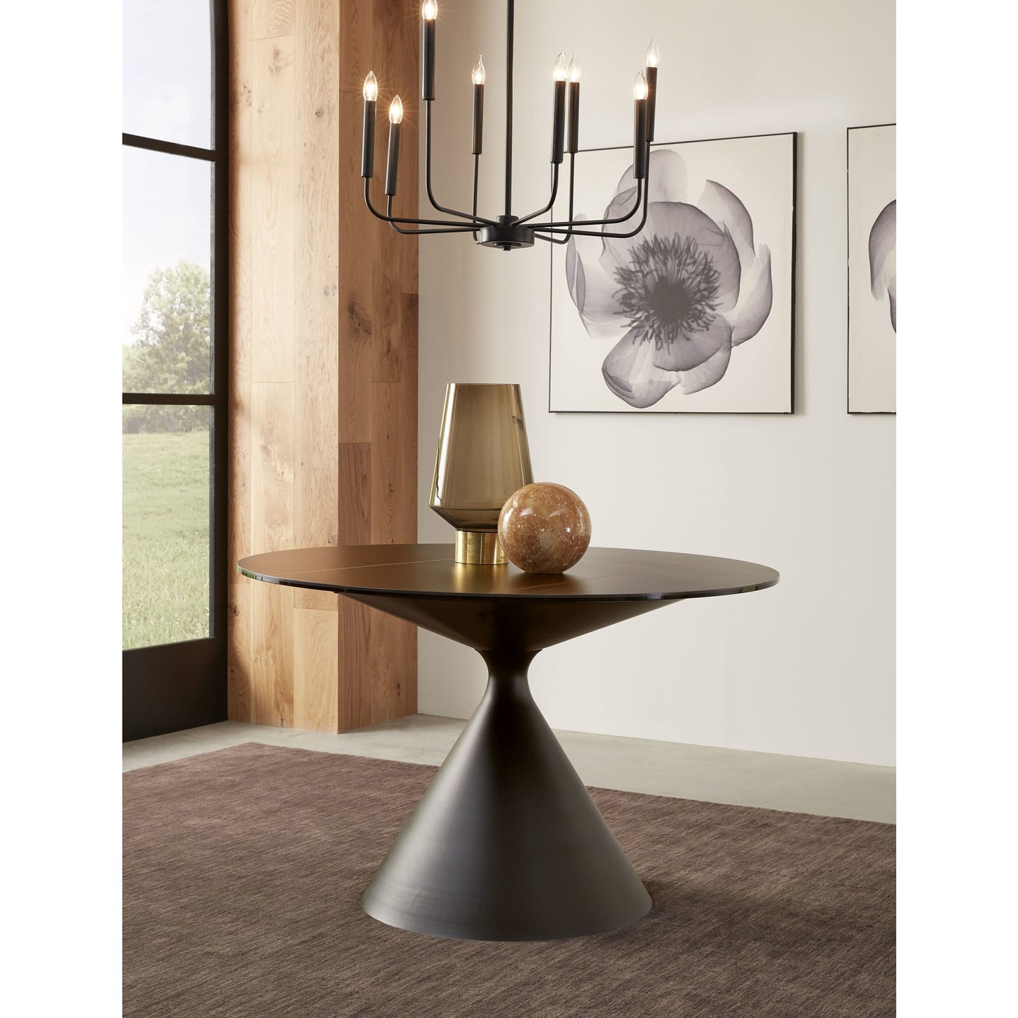 Modus Winston Stone Top Metal Base Round Dining Table in Black