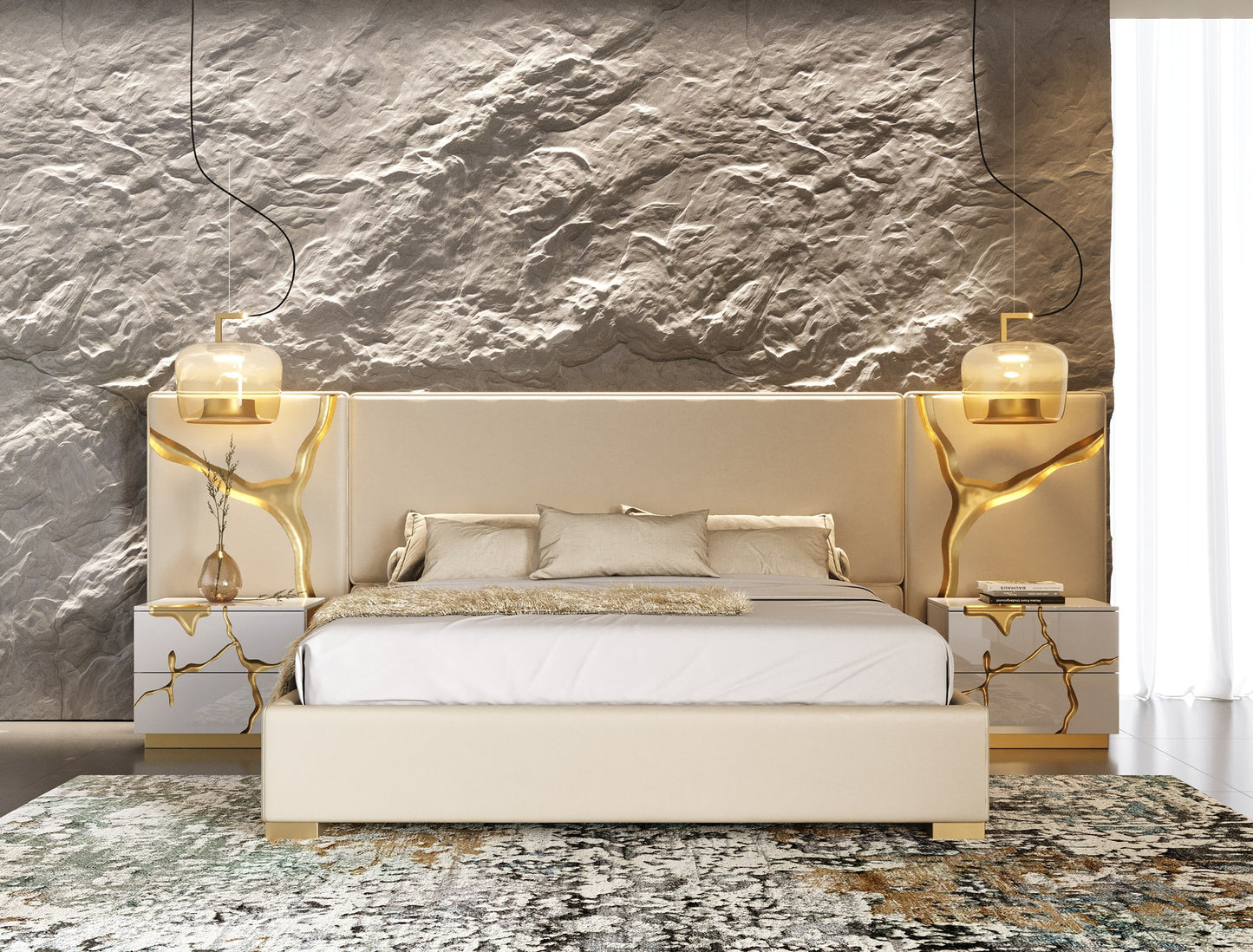Modrest Aspen Glam Beige Bonded Leather and Gold Bed