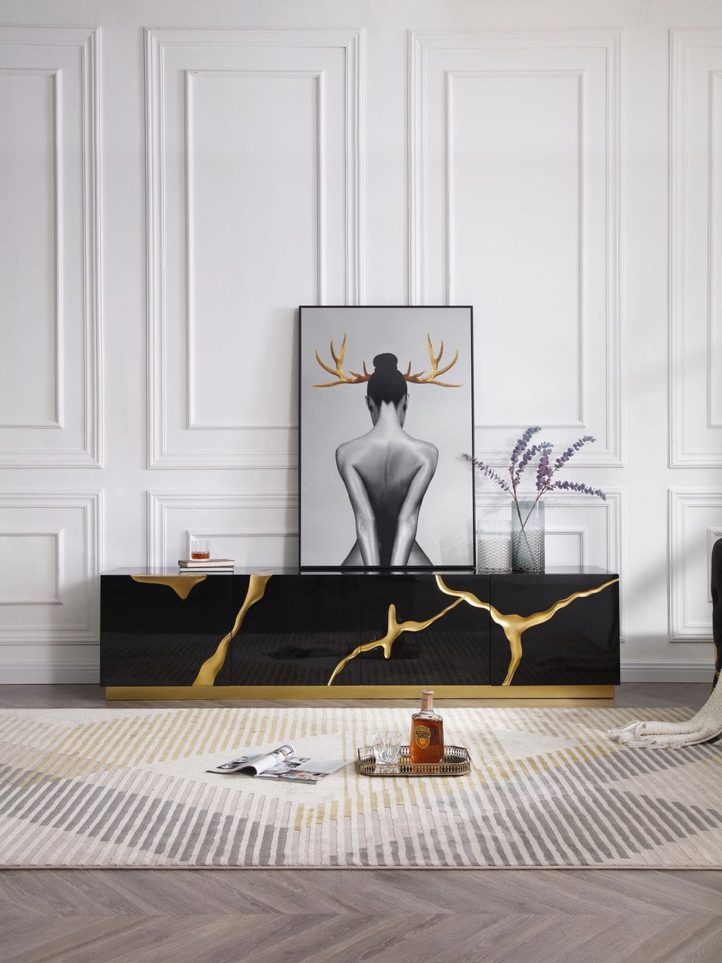 Modrest Aspen Modern Black and Gold TV Stand