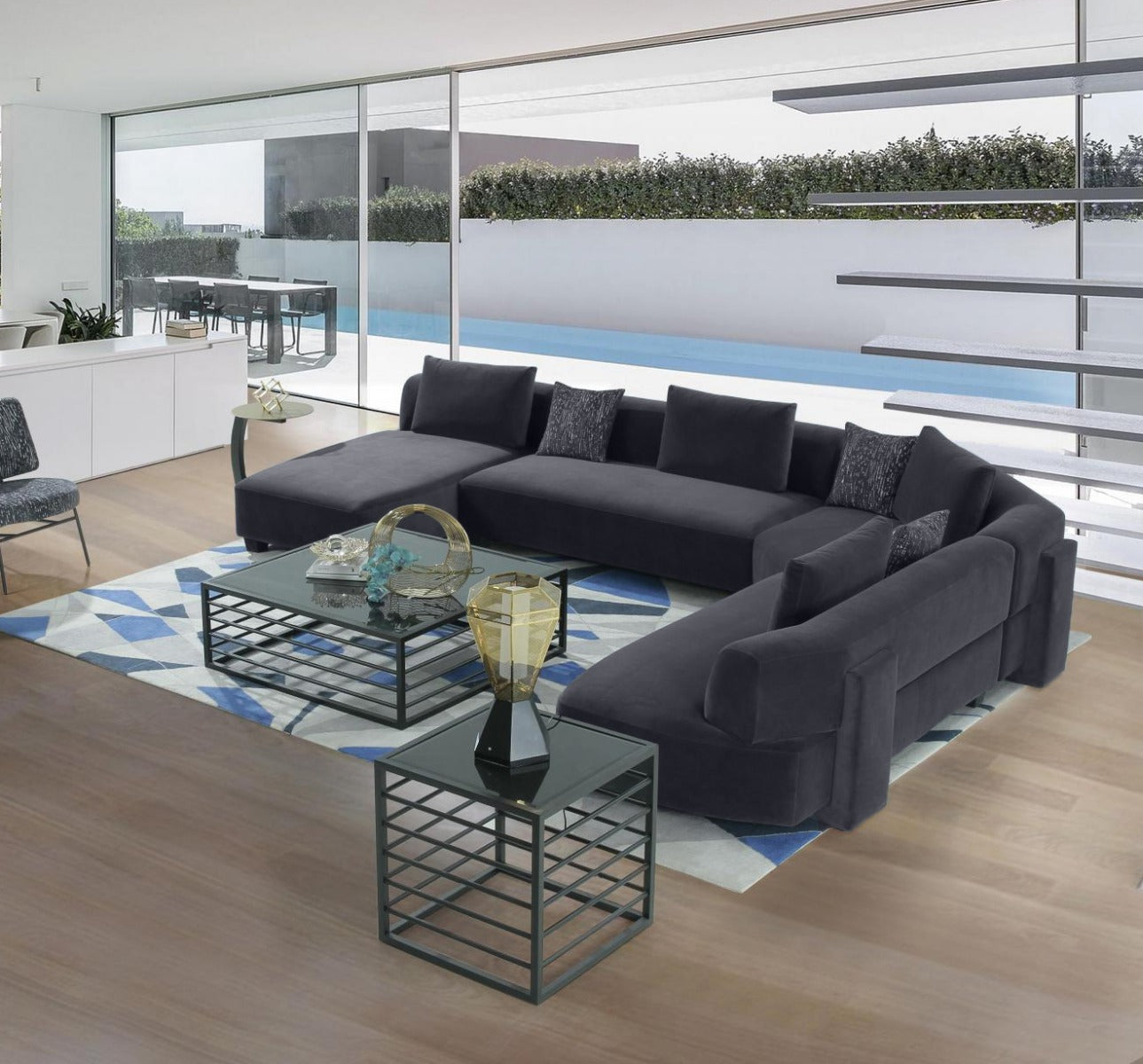 Divani Casa Bayou Contemporary Grey Velvet U Shaped Sectional Sofa