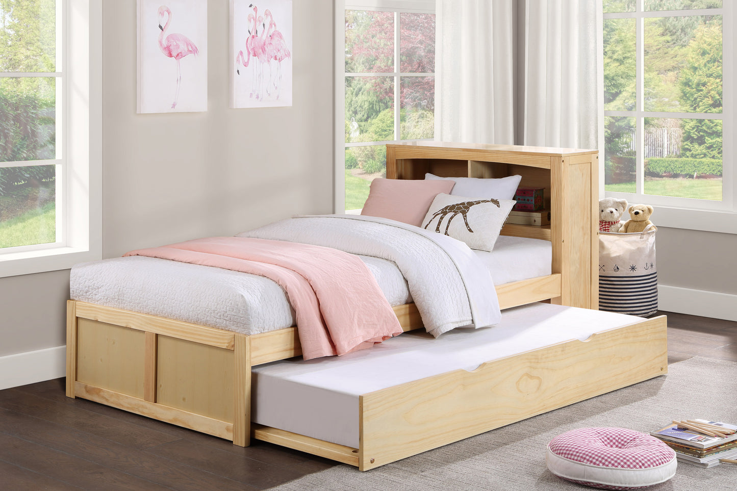 Homelegance Bartly Twin Bookcase Bed with Twin Trundle Natural Pine B2043BC-1R