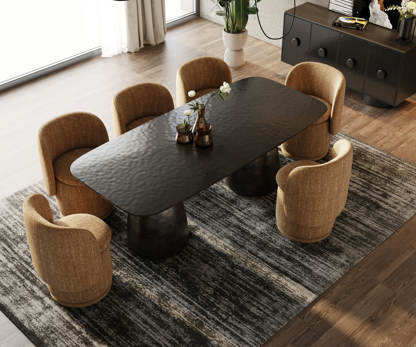 Modrest Calexico Contemporary Black Wave Glass Rectangular Dining Table