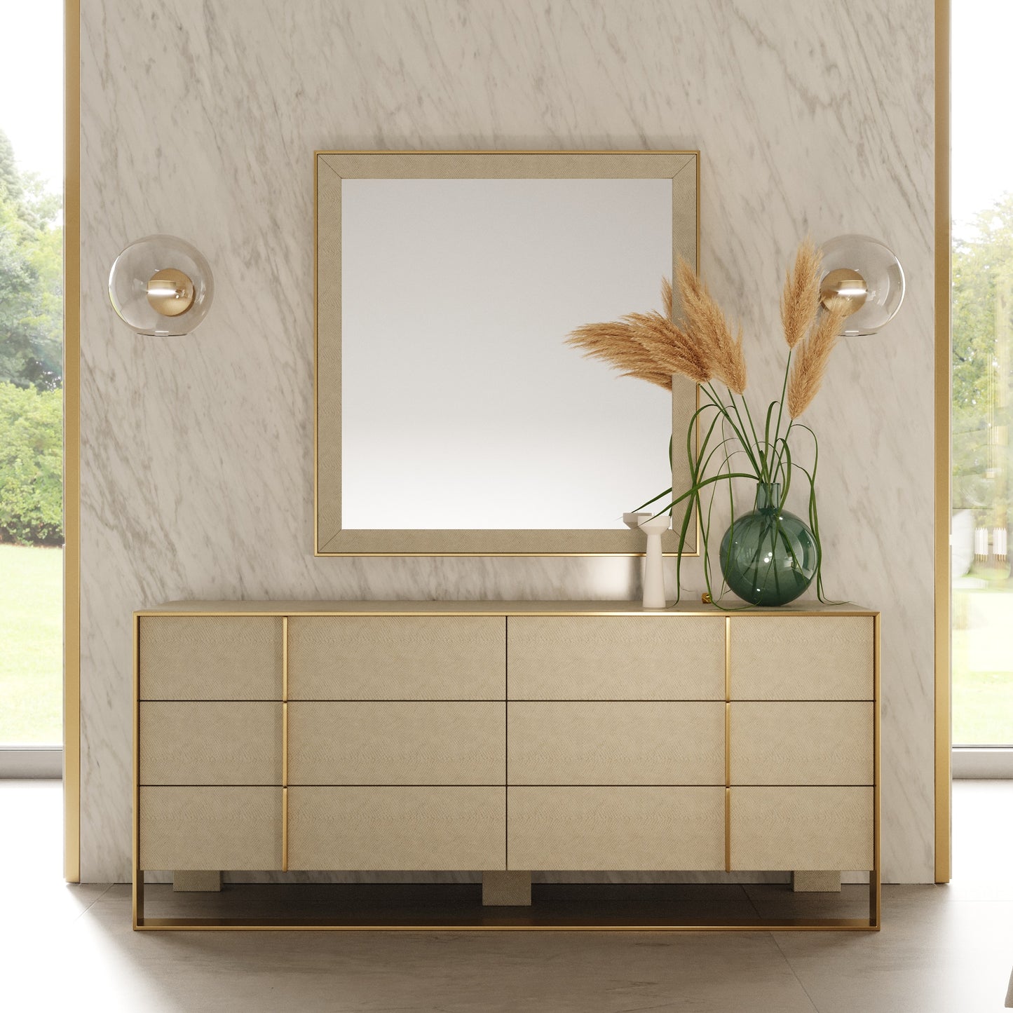 Nova Domus Cartier Modern Beige Shagreen and Brushed Brass Dresser