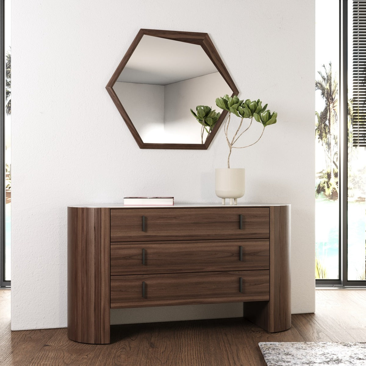 Modrest Chelton Contemporary White Ceramic and Walnut Dresser