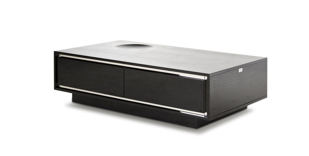 Grand Modern Black Crocodile Lacquer Coffee Table with 2 Drawers