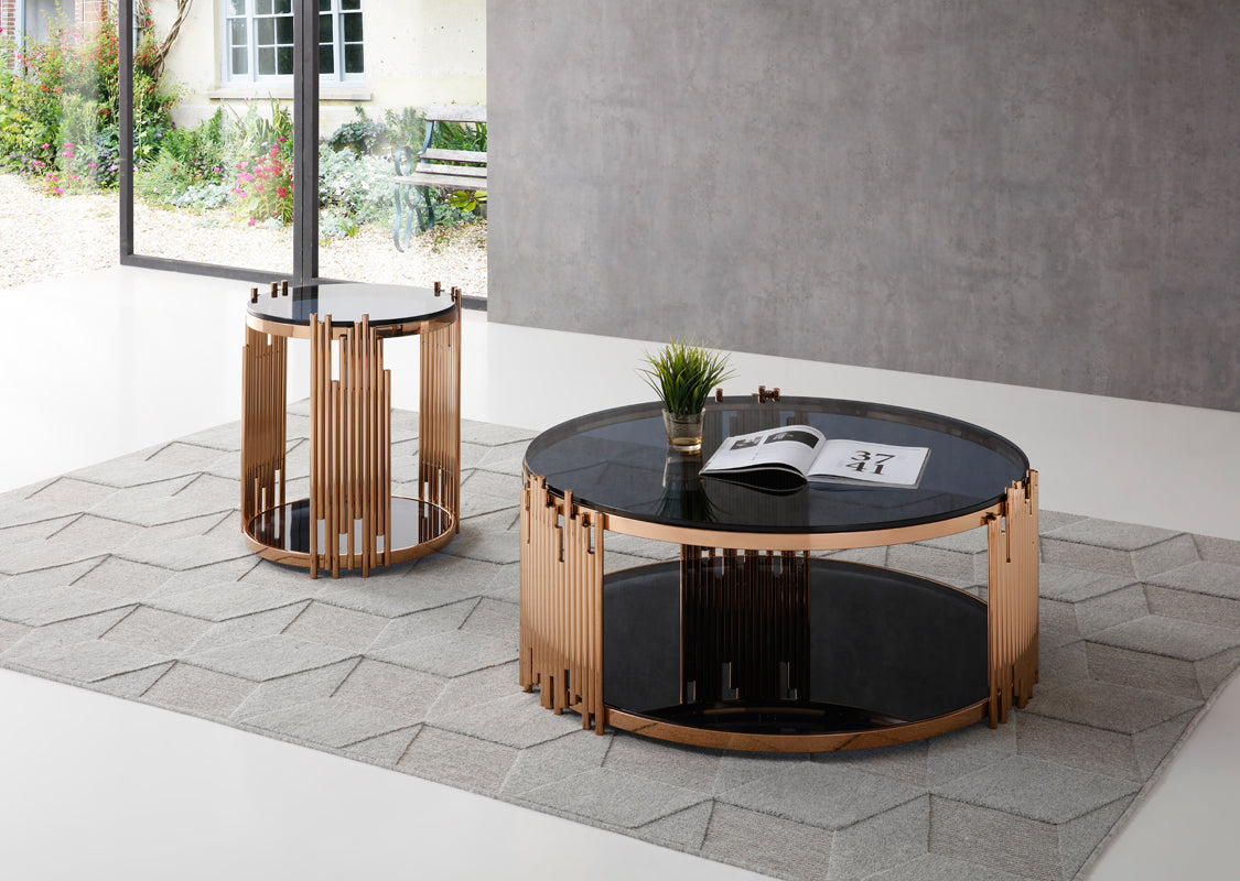 Modrest Bryce Modern Smoked Glass and Rosegold Round End Table