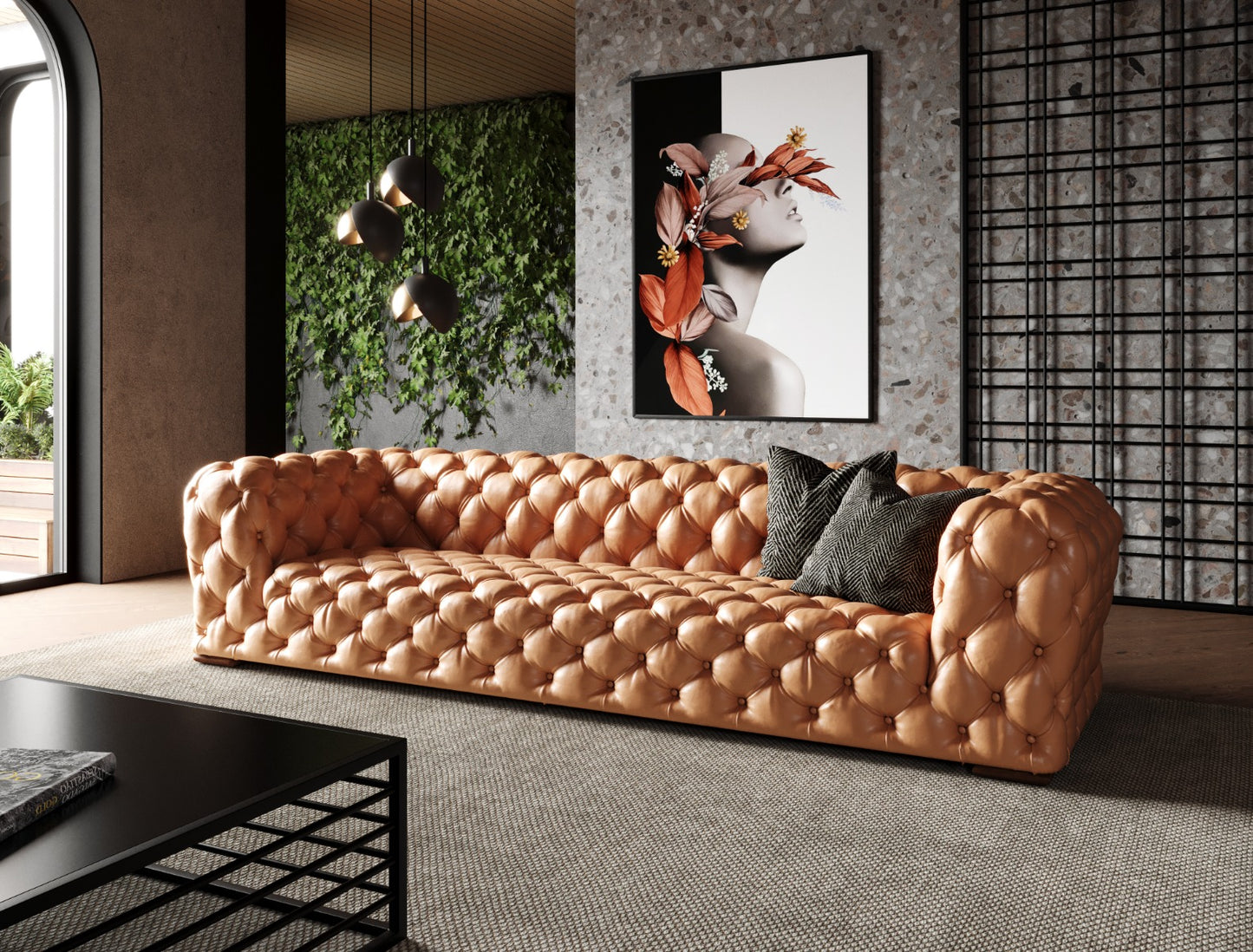 Divani Casa Dexter Transitional Camel Full Italian Leather Tufted Sofa