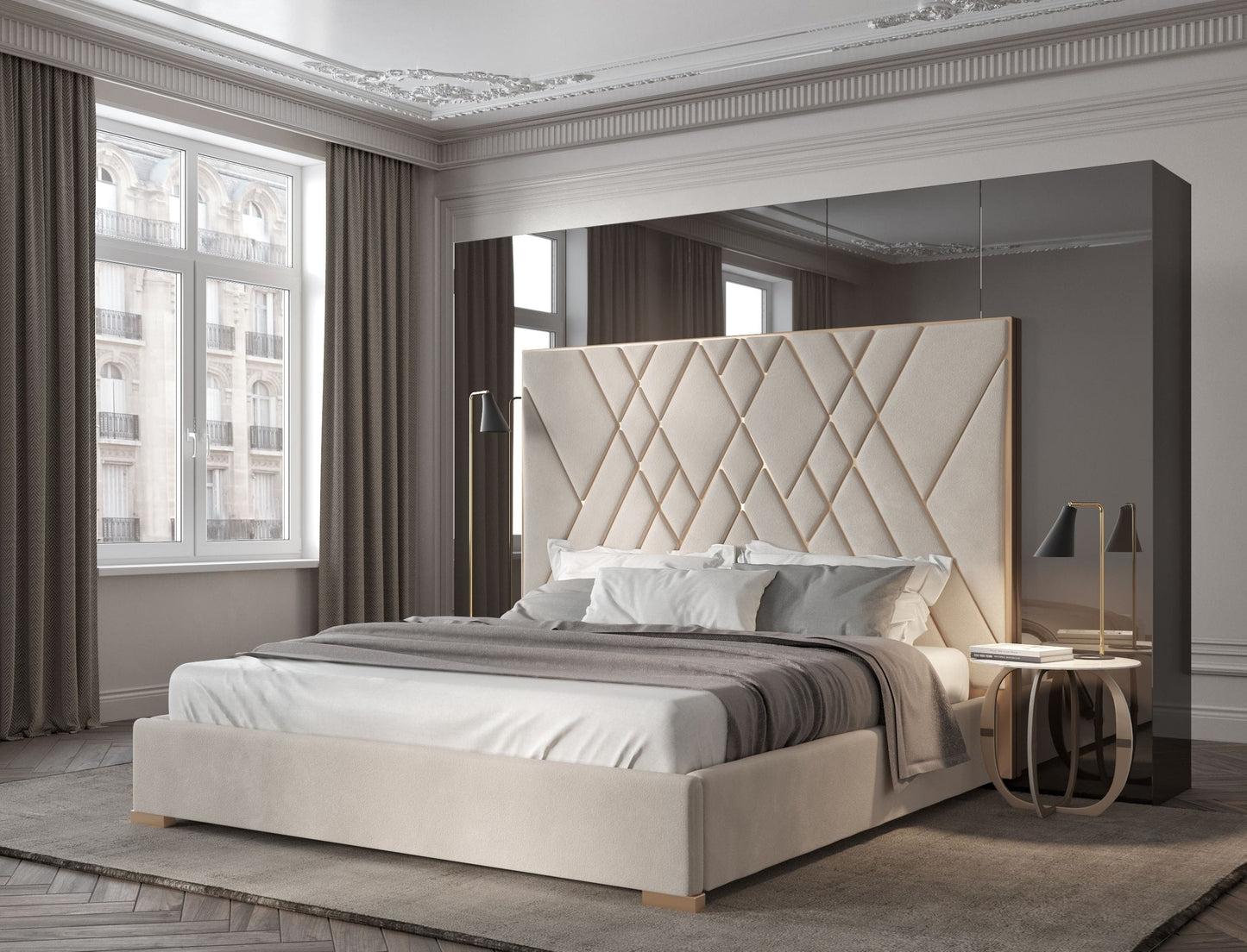 Modrest Eldora Glam Beige Velvet and Brushed Brass Queen Bed