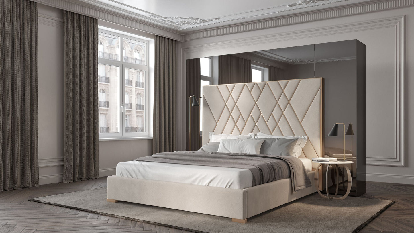 Modrest Eldora Glam Beige Velvet and Brushed Brass Queen Bed
