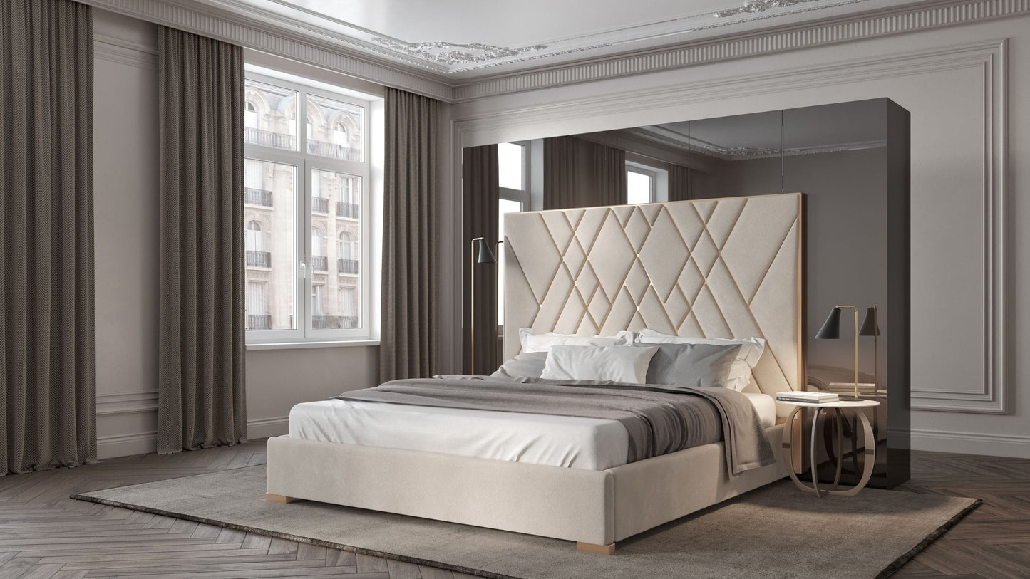 Modrest Eldora Glam Beige Velvet and Brushed Brass Queen Bed