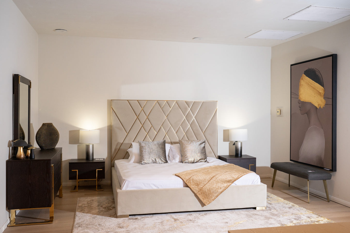 Modrest Eldora Glam Beige Velvet and Brushed Brass Queen Bed