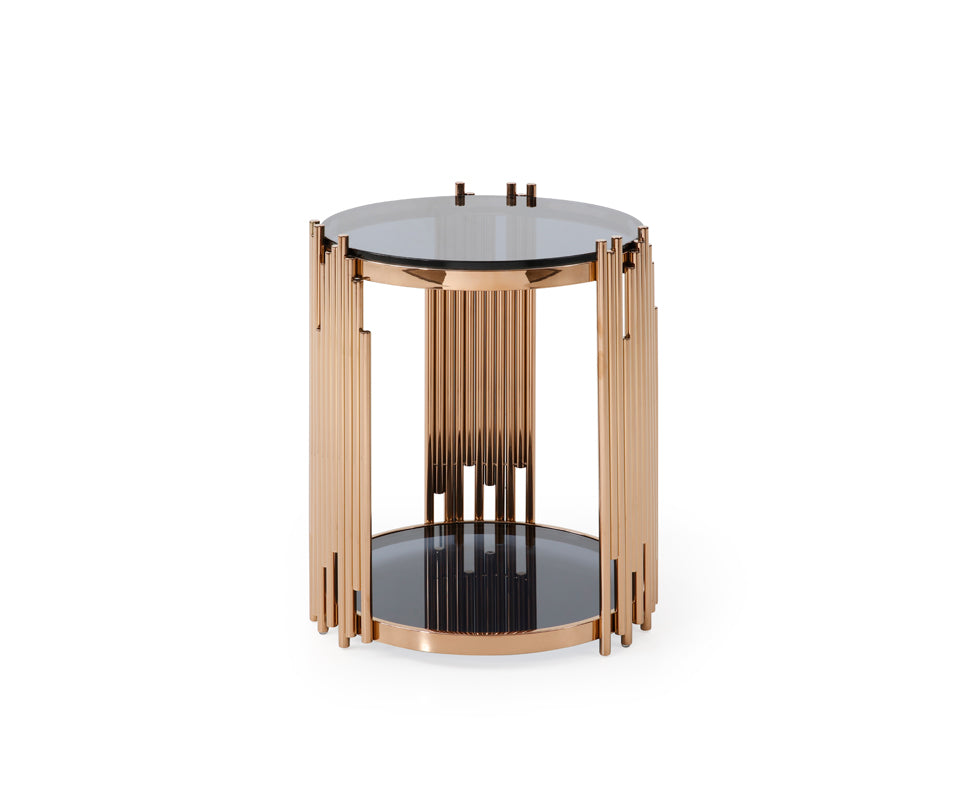 Modrest Bryce Modern Smoked Glass and Rosegold Round End Table