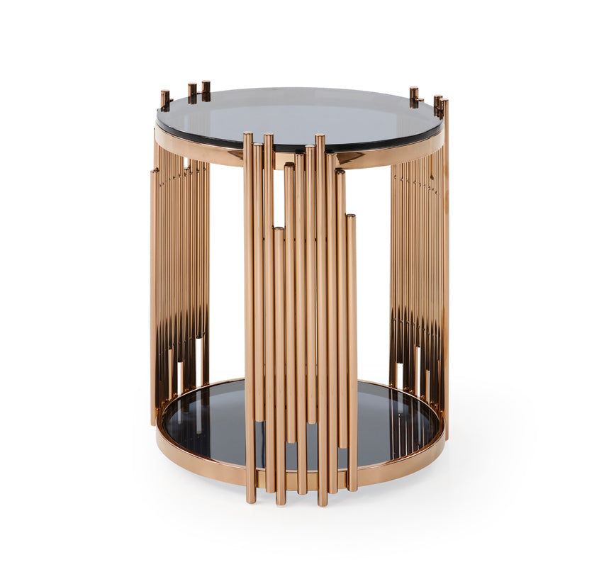 Modrest Bryce Modern Smoked Glass and Rosegold Round End Table