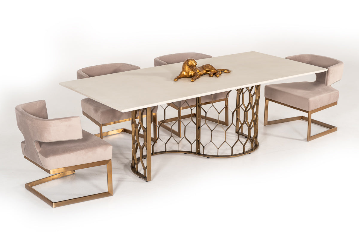 Modrest Faye Modern White Concrete and Antique Brass Dining Table