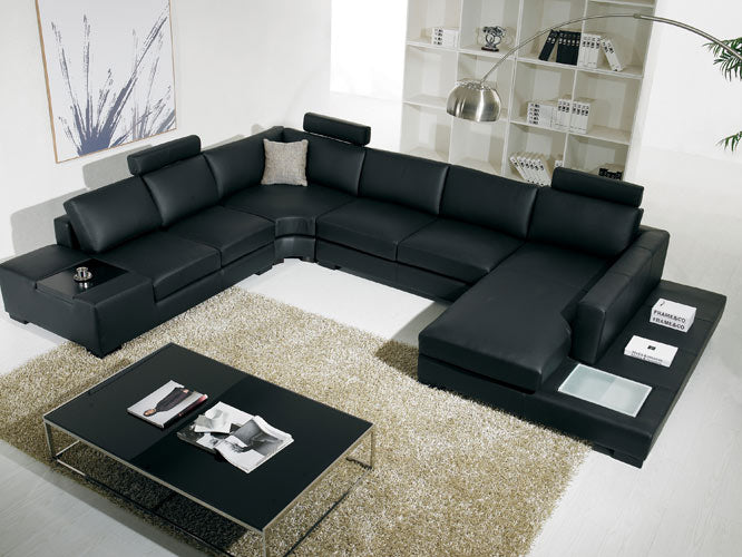 T35 Modern Black Genuine Leather Sectional Sofa with Light