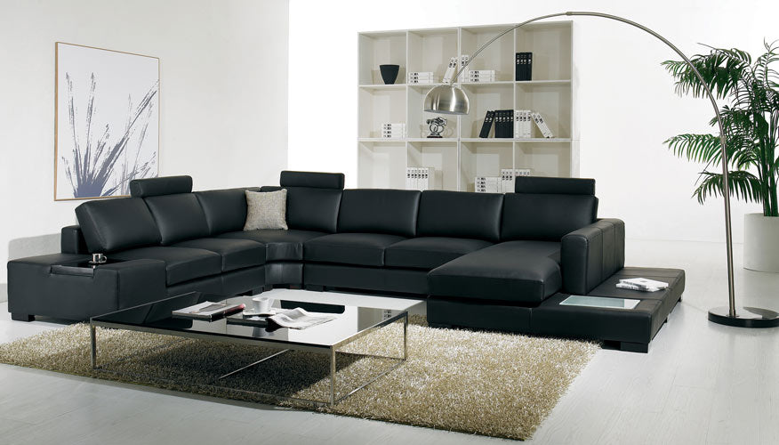 T35 Modern Black Genuine Leather Sectional Sofa with Light
