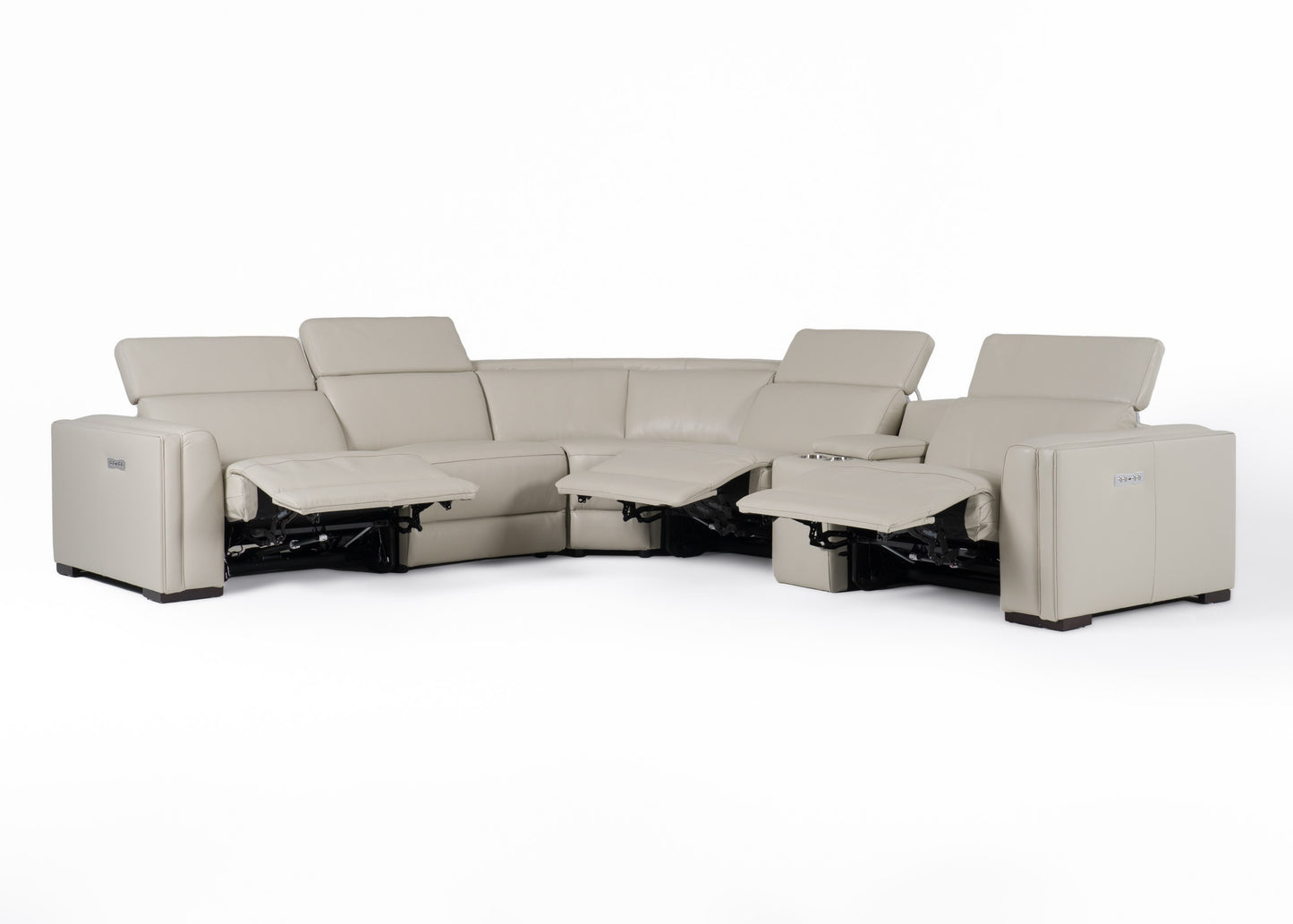 Modrest Frazier Modern Light Grey Leather Sectional Sofa with 3 Recliners Console