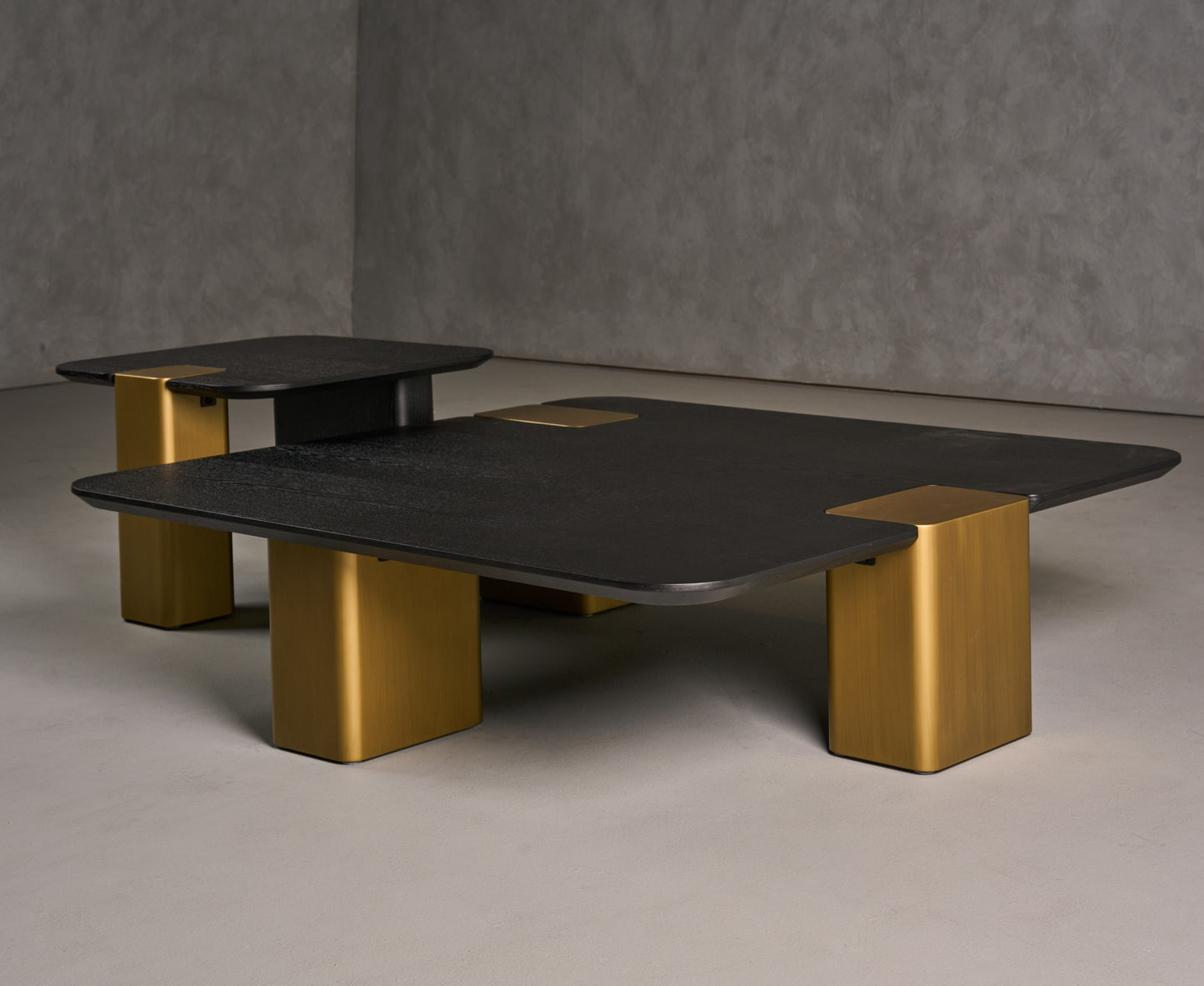 Modrest Harold Modern Black Brushed Gold Oak Square Coffee Table Set