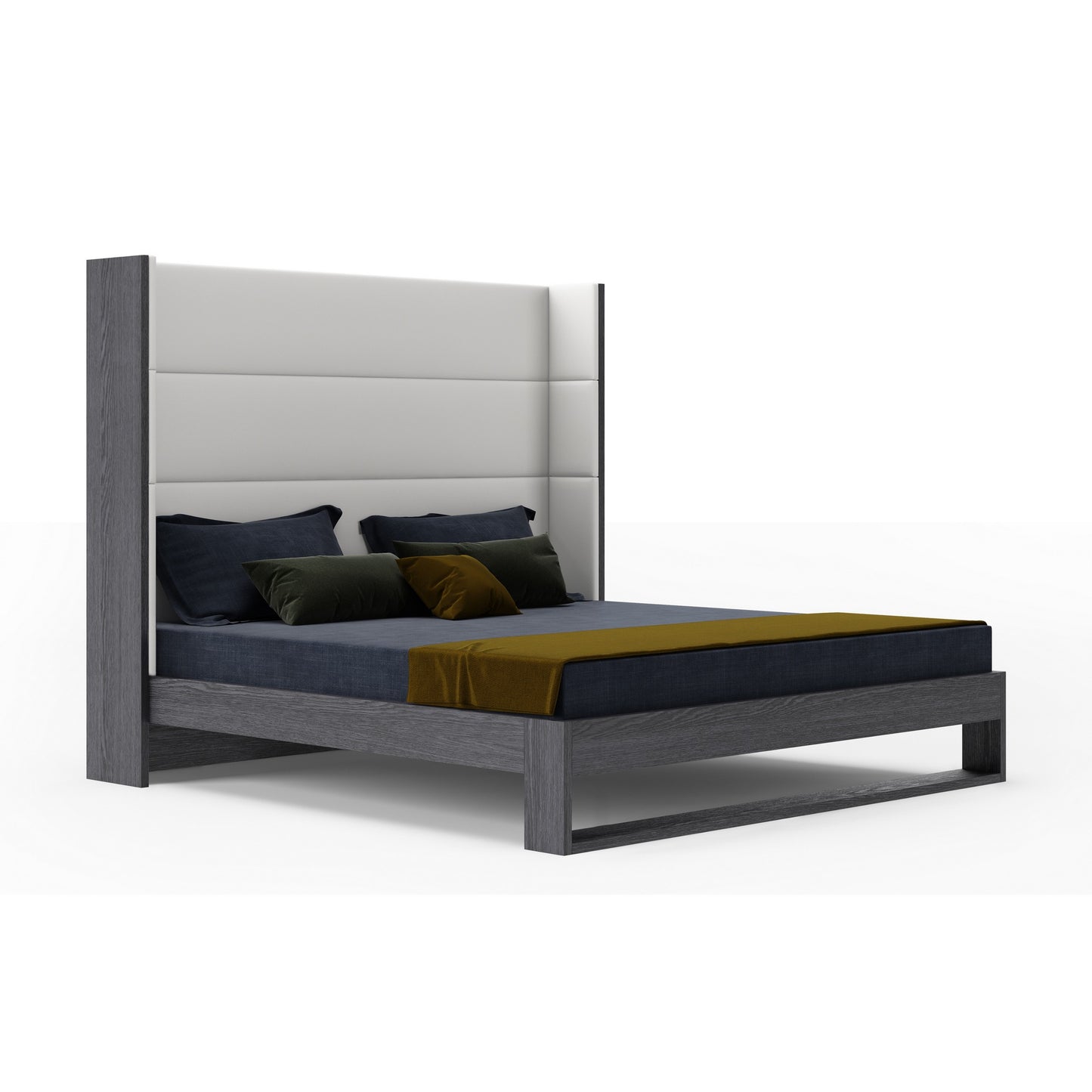 Modrest Heloise Queen Contemporary White Leather and Grey Elm Trim Bed