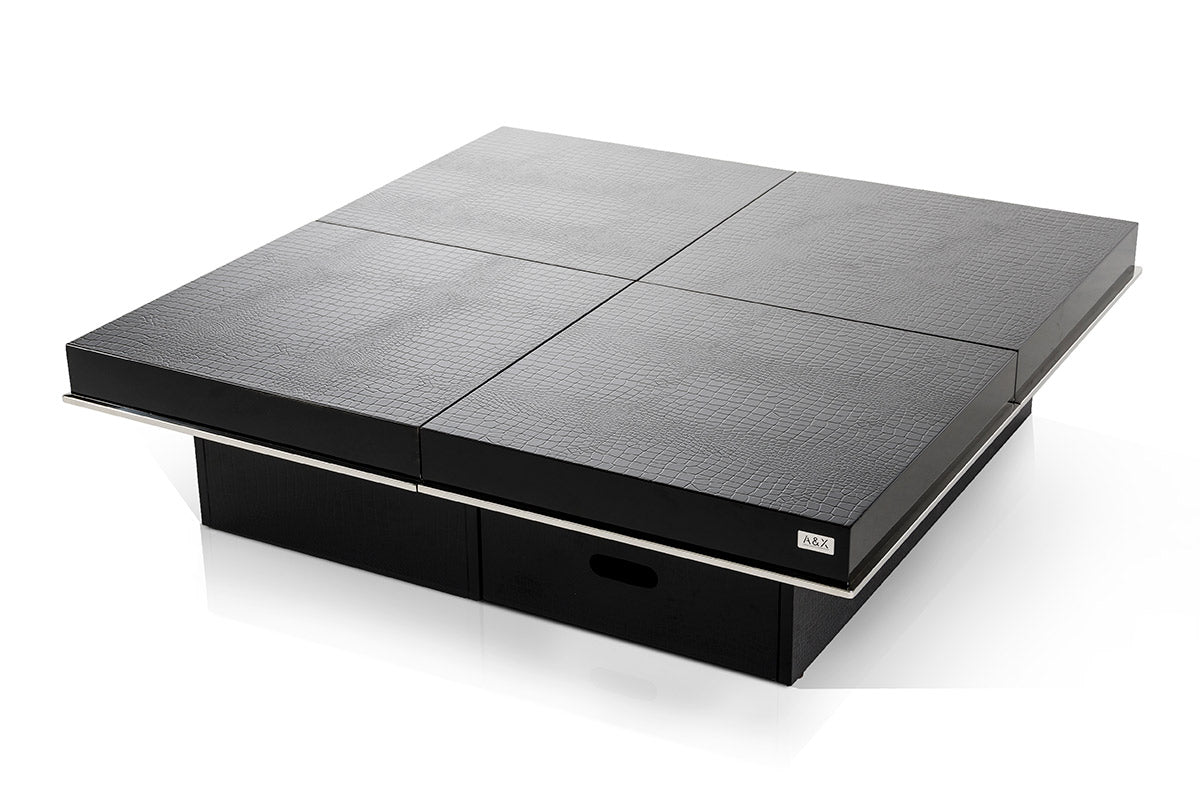 Horizon Modern Black Crocodile Coffee Table w/ Pull Out Squares