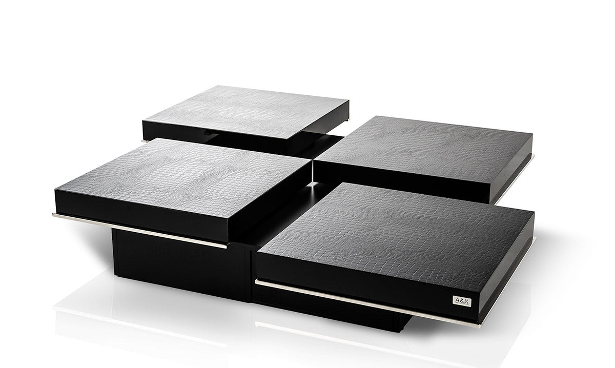 Horizon Modern Black Crocodile Coffee Table w/ Pull Out Squares