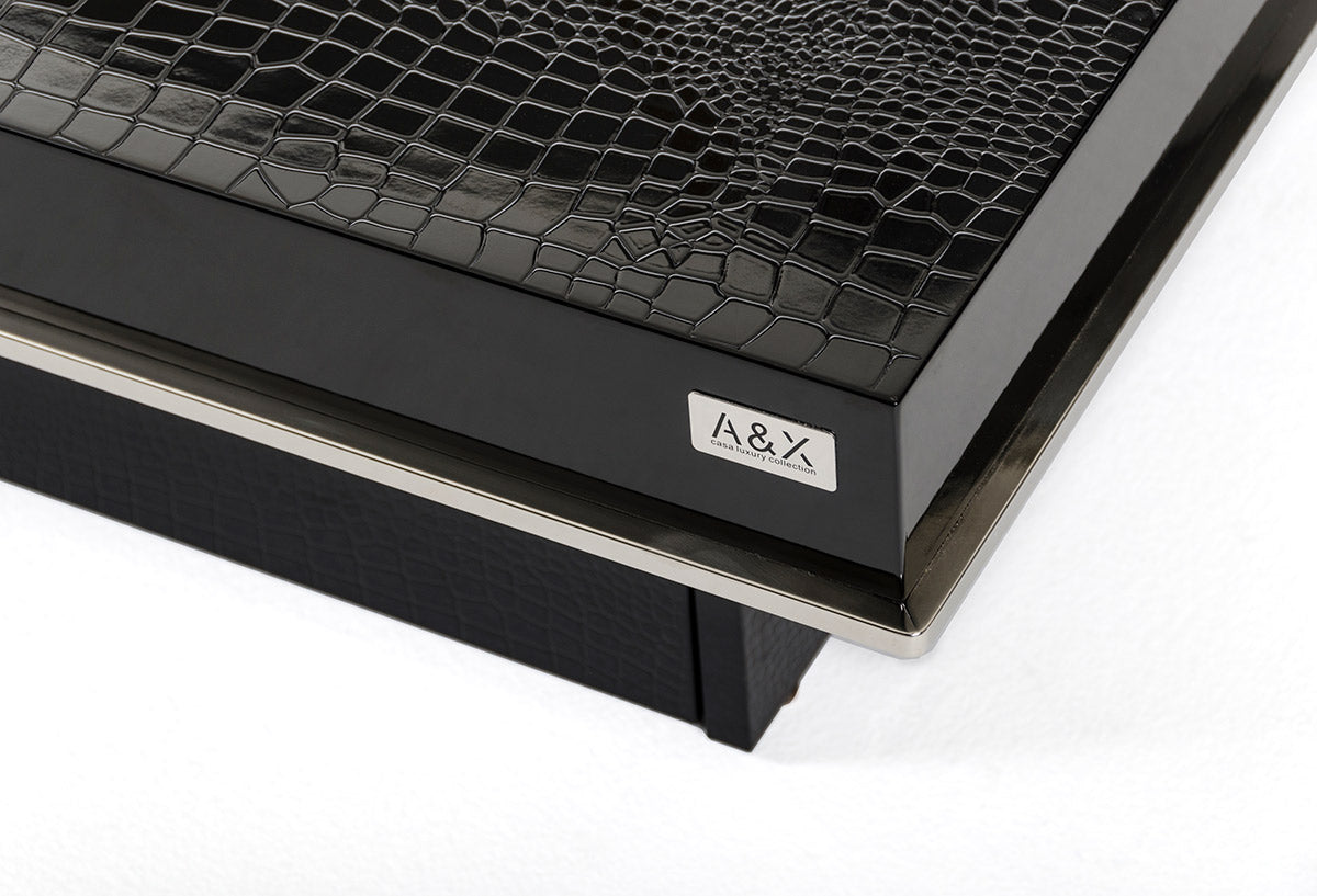 Horizon Modern Black Crocodile Coffee Table w/ Pull Out Squares