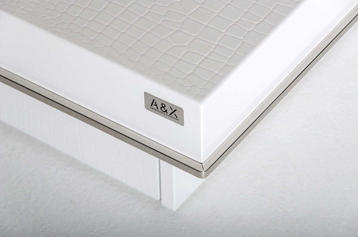 Horizon Modern White Crocodile Coffee Table w/ Pull Out Squares