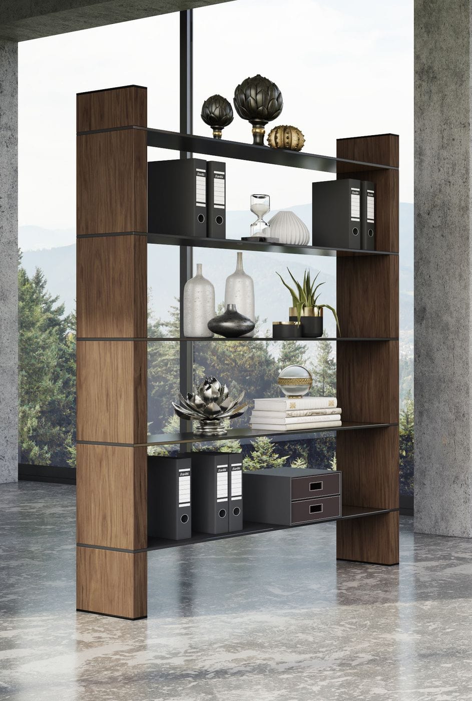 Modrest Glencoe Modern Walnut and Black Glass Bookshelf