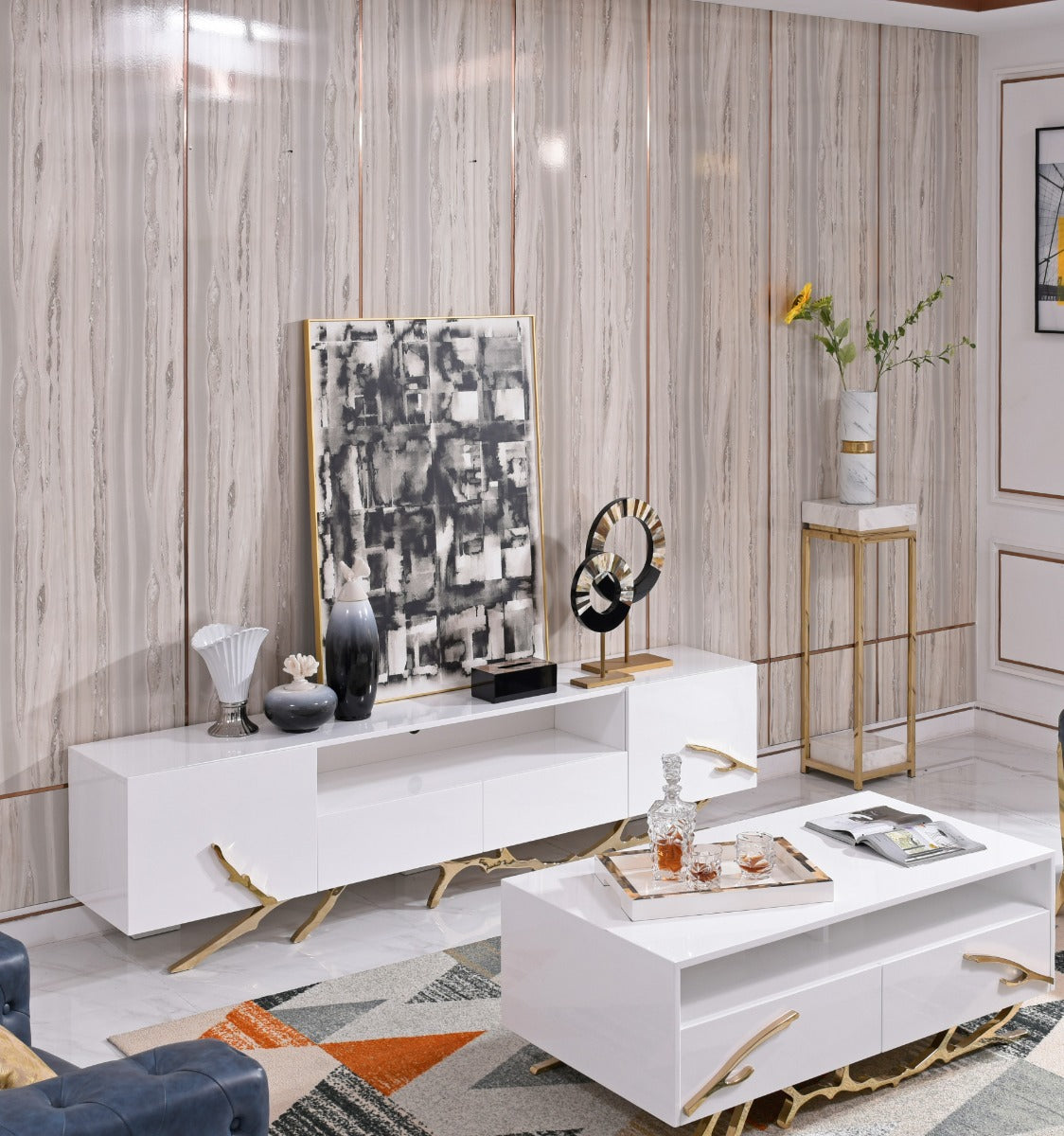 Modrest Legend 87"-Wide Modern White Gold TV Stand
