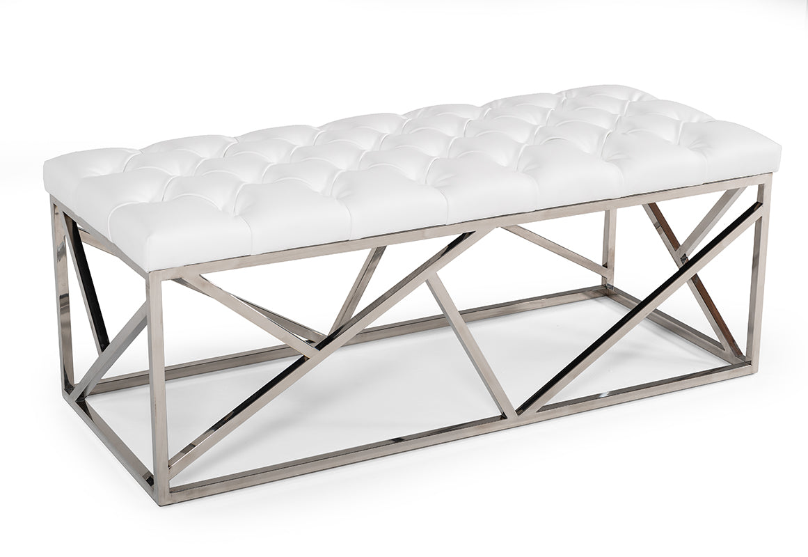Modrest Lindsey Modern White Leatherette and Stainless Steel Bench