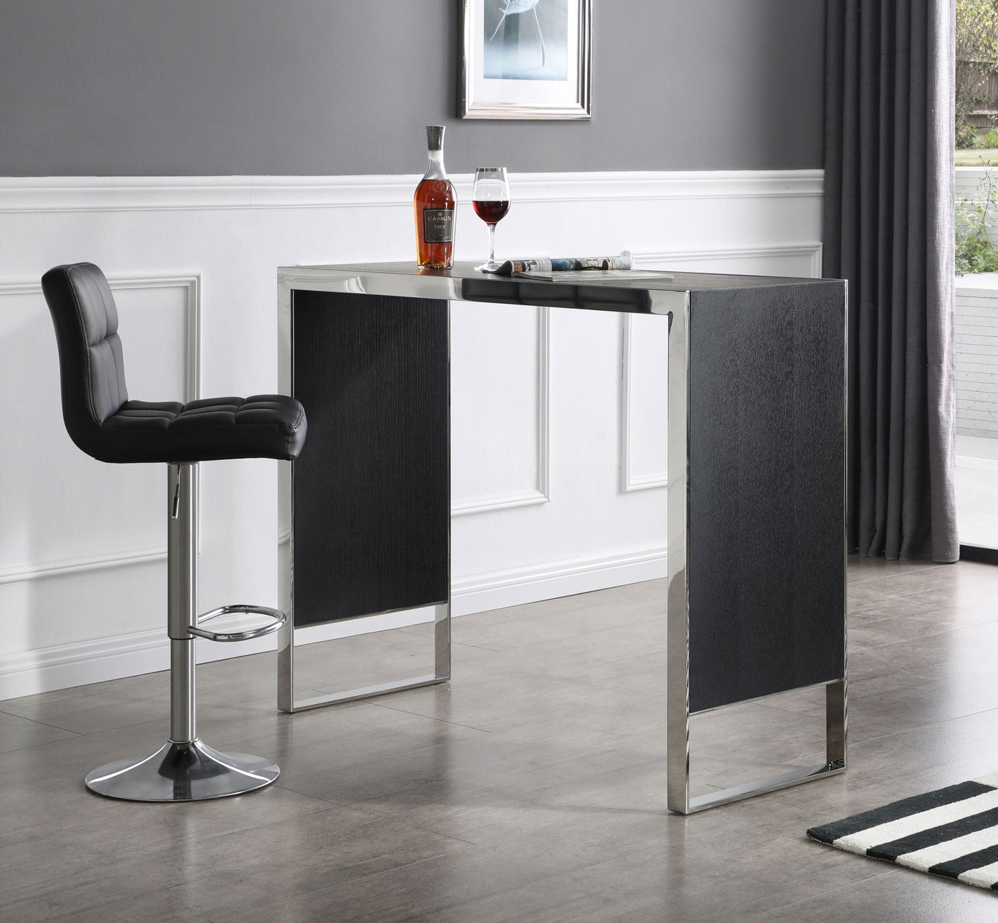 Modrest Manston Modern Black Oak and Stainless Steel Bar Table