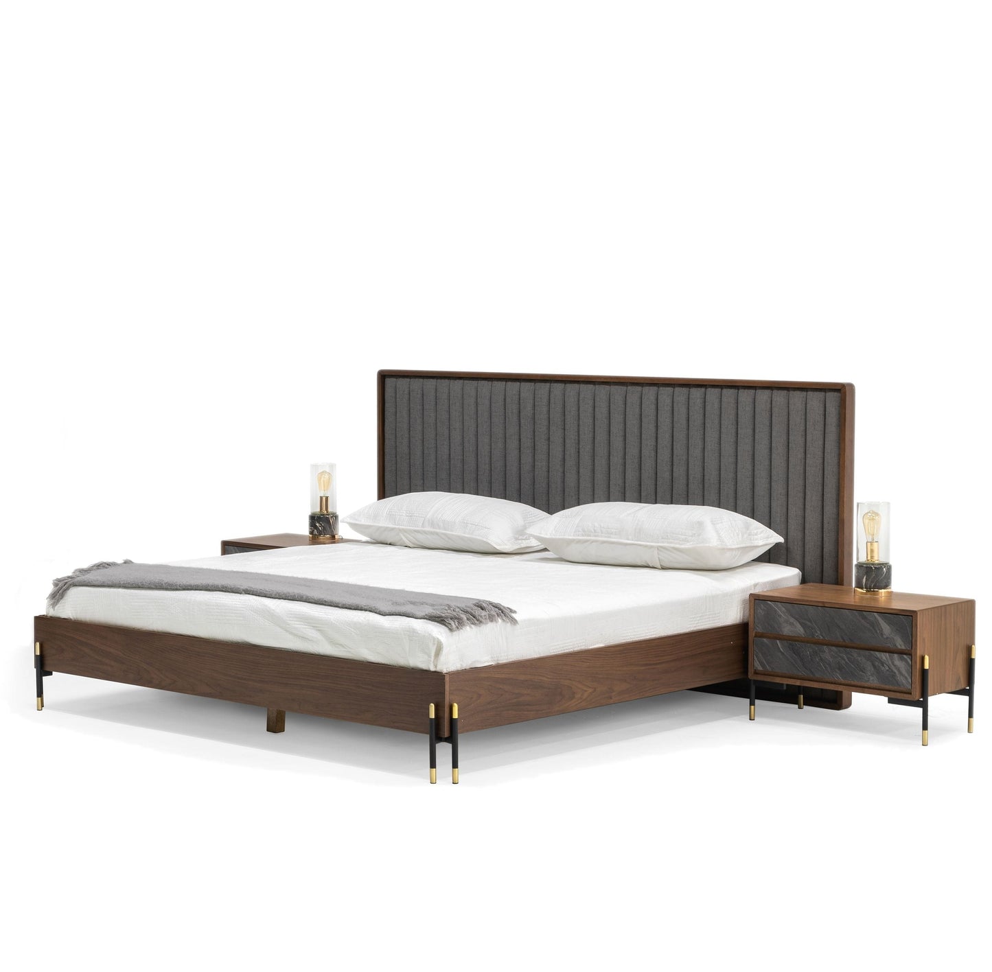 Queen Nova Domus Metcalf Mid-Century Walnut and Grey Bed w/ Two Nightstands
