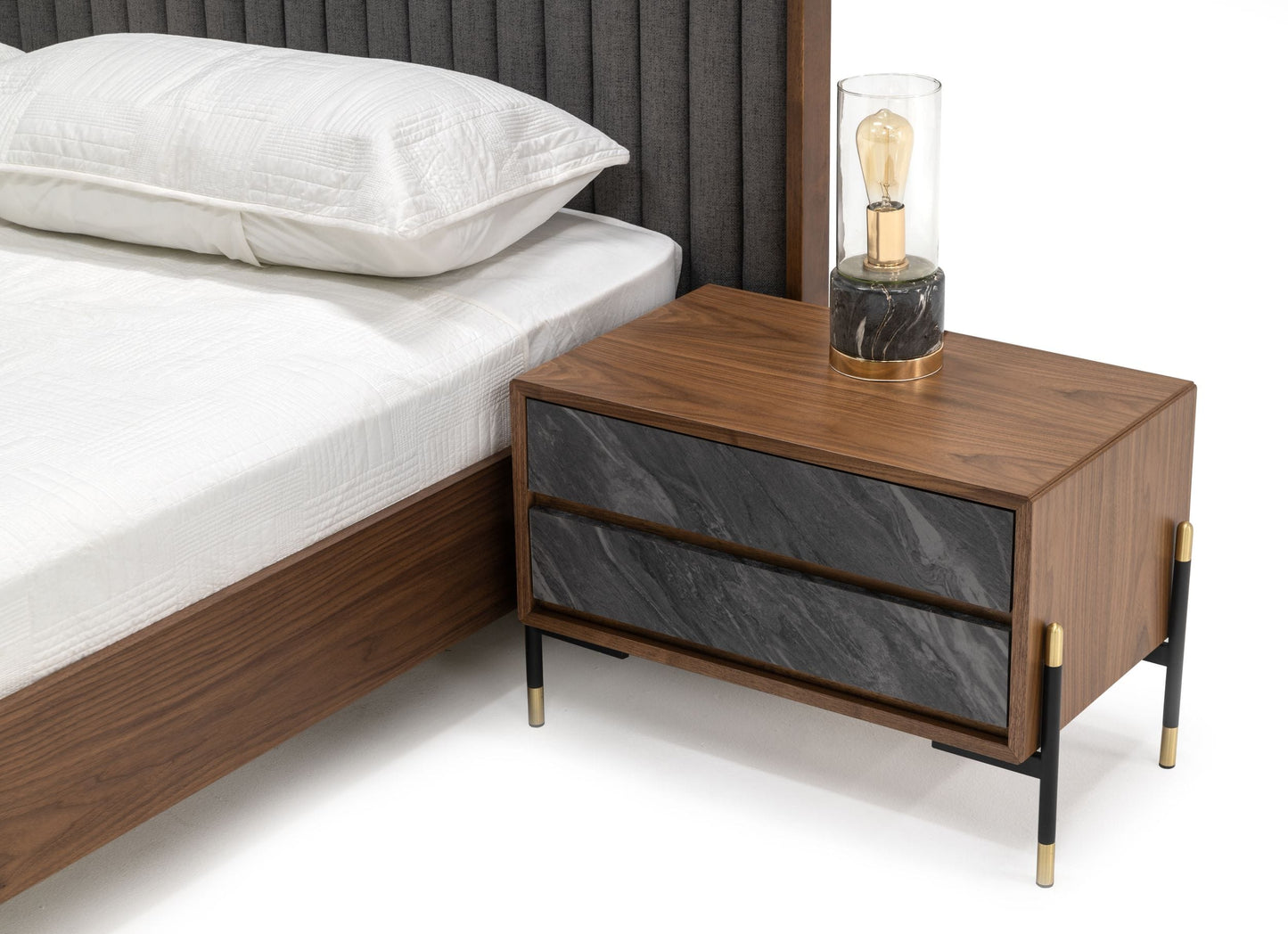Queen Nova Domus Metcalf Mid-Century Walnut and Grey Bed w/ Two Nightstands